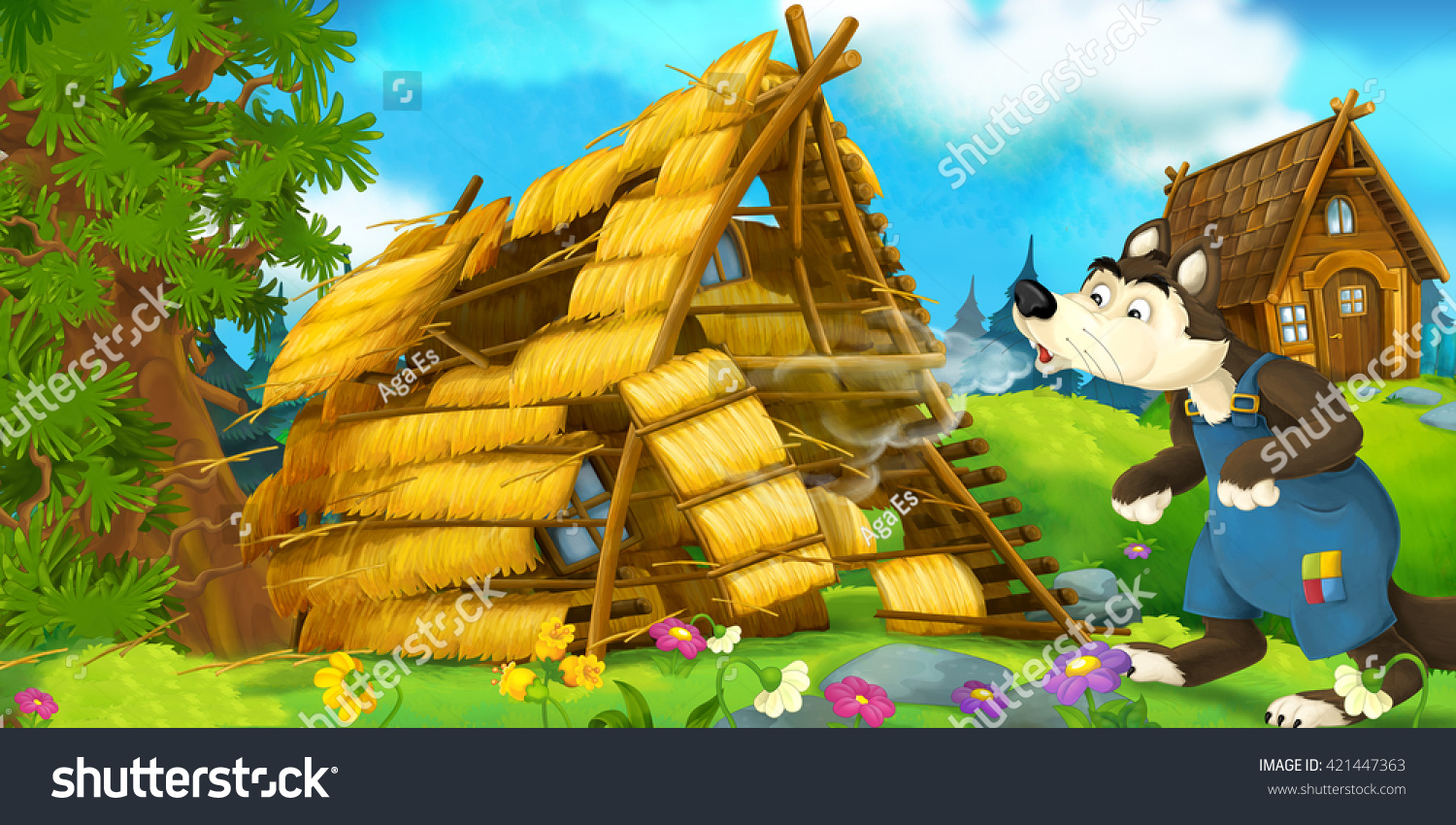 Cartoon Scene House Being Demolished Wolf Stock Illustration 421447363 