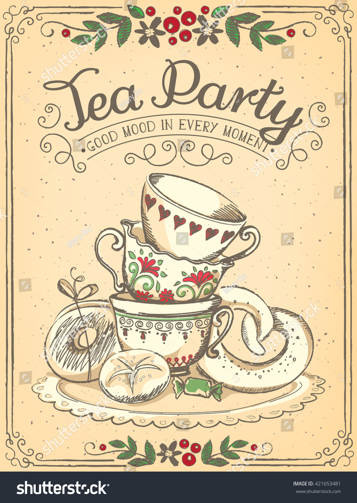 Illustration Tea Time Cute Cups Bakery Stock Vector (royalty Free 