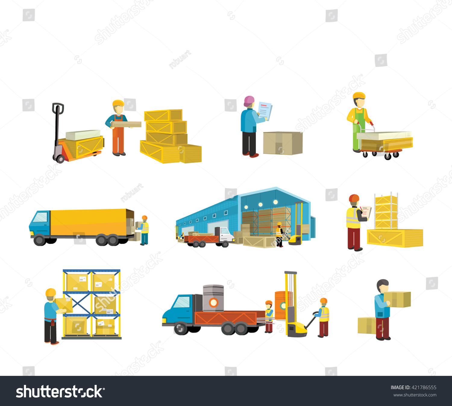 Set Equipment Delivery Process Warehouse Interior Stock Illustration ...