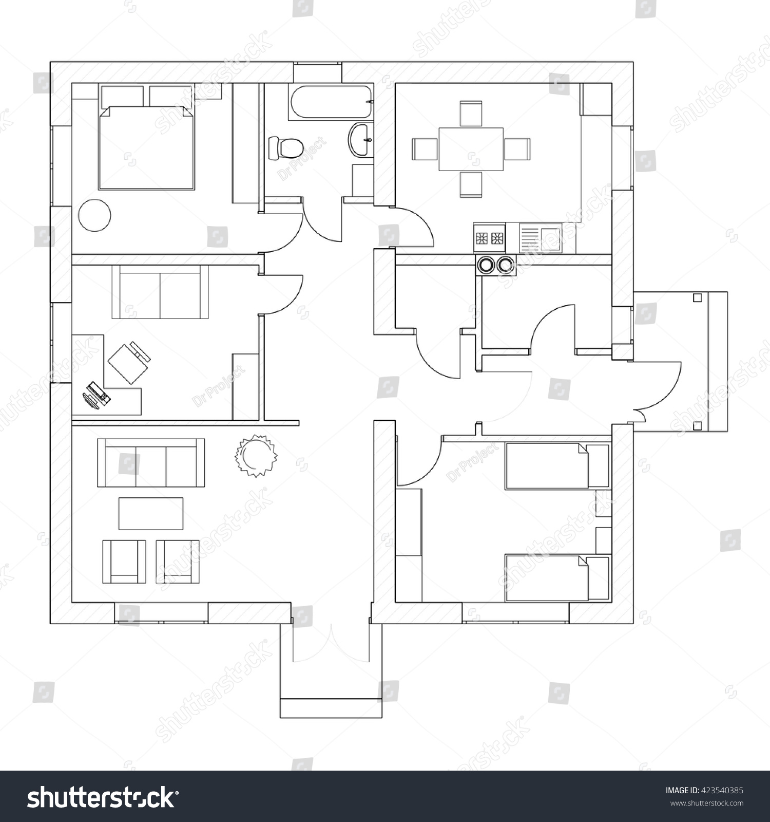 Black White Floor Plan Modern Apartment Stock Vector (Royalty Free ...