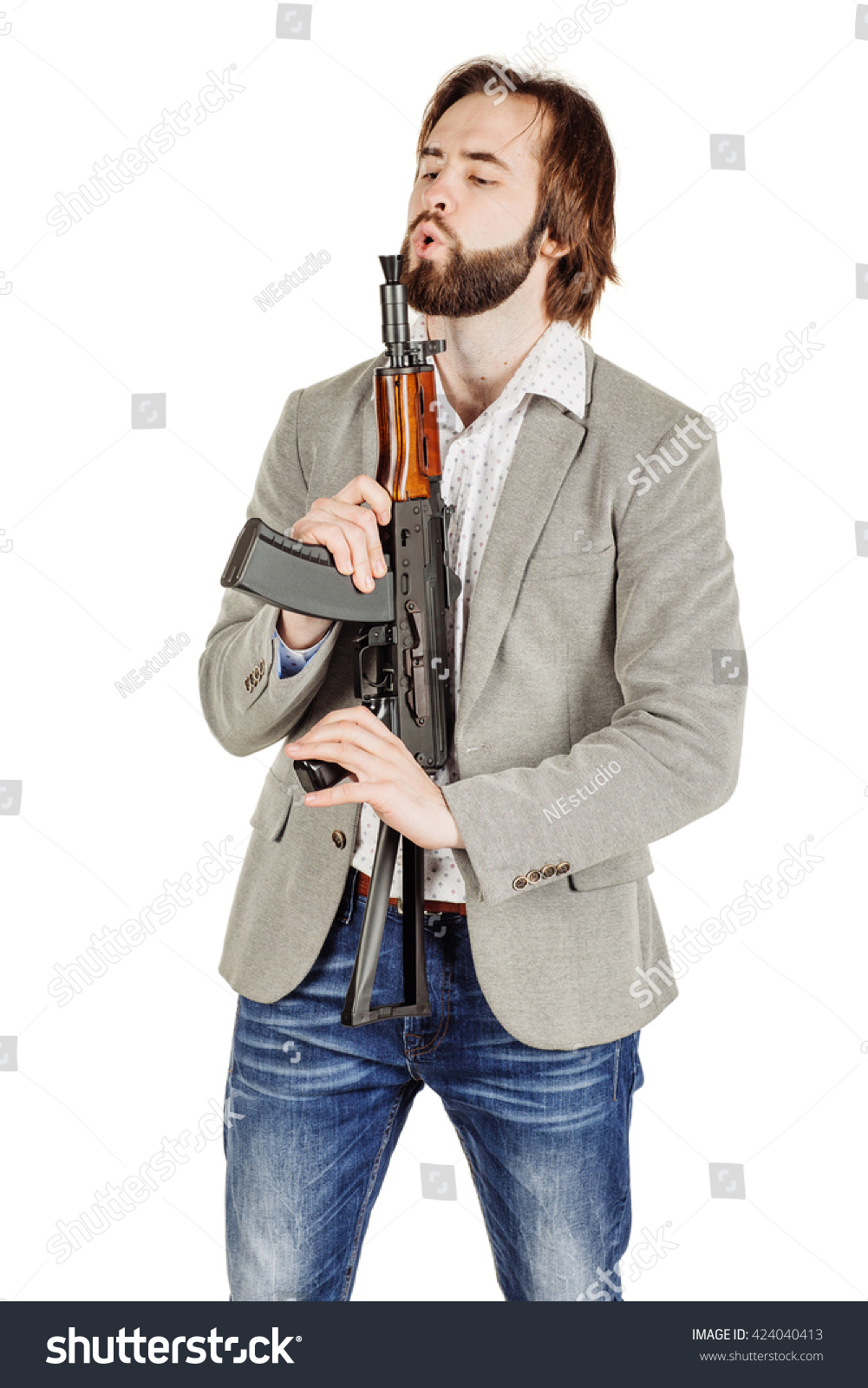 Businessman Holding Machine Gun Isolated On Stock Photo 424040413 ...