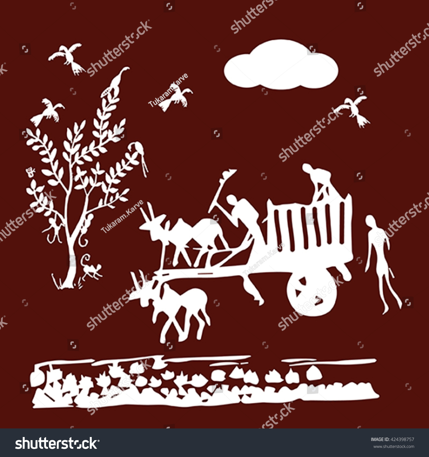 Indian Tribal Art Called Warli Painting Stock Vector Royalty Free   Stock Vector Indian Tribal Art Called Warli Painting Vector Illustration 424398757 