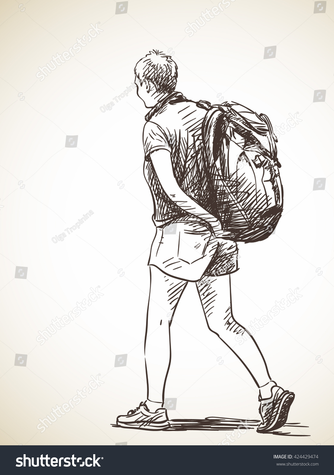 Sketch Woman Walking Backpack Hand Drawn Stock Vector (Royalty Free ...