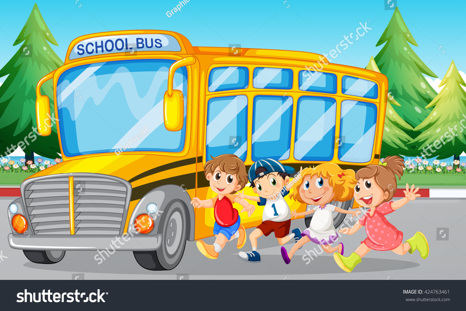 Students School Bus On Road Illustration Stock Vector (Royalty Free ...