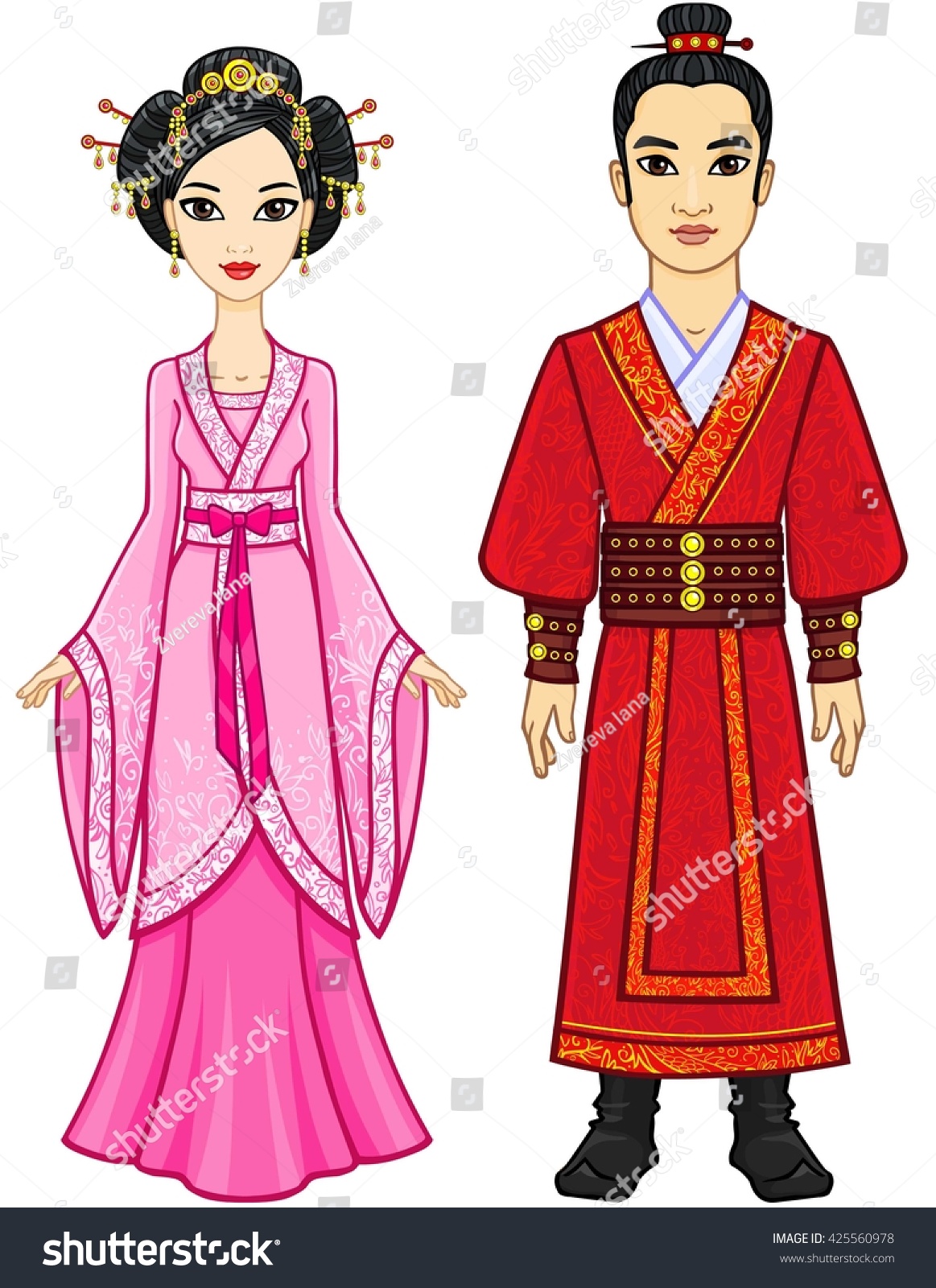 Portrait Animation Chinese Family Traditional Clothes Stock Vector ...