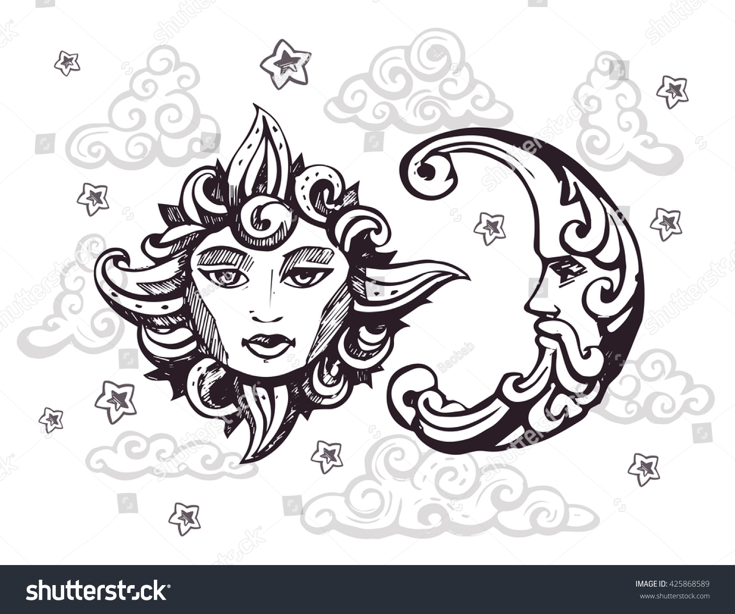 Sun Face Clouds Stars Vector Illustration Stock Vector (Royalty Free ...