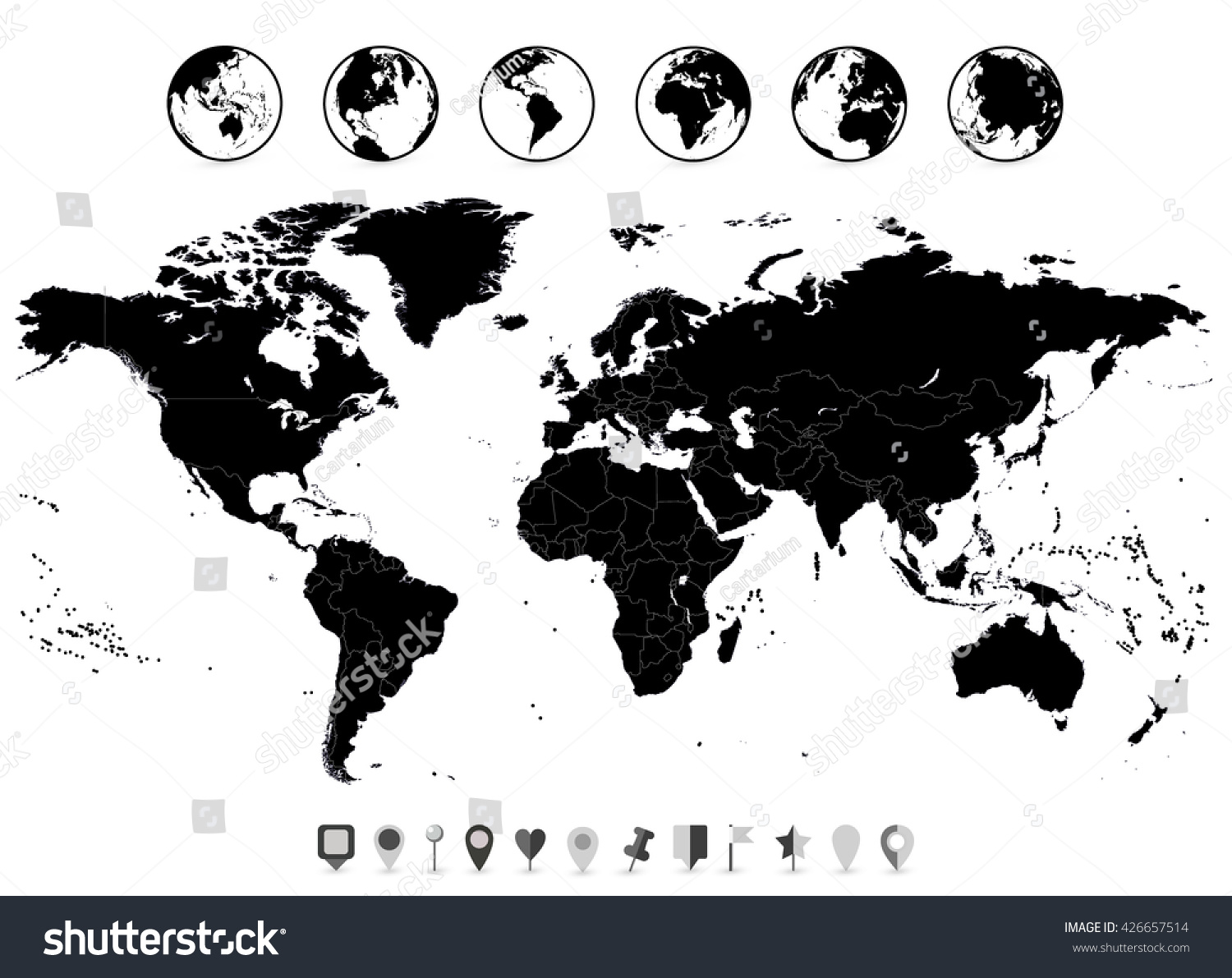 World Map Black Blank Isolated On Stock Vector Royalty Free 426657514 Stock Vector World Map Black Blank Isolated On White And Flat Navigation Icons Vector Illustration 426657514