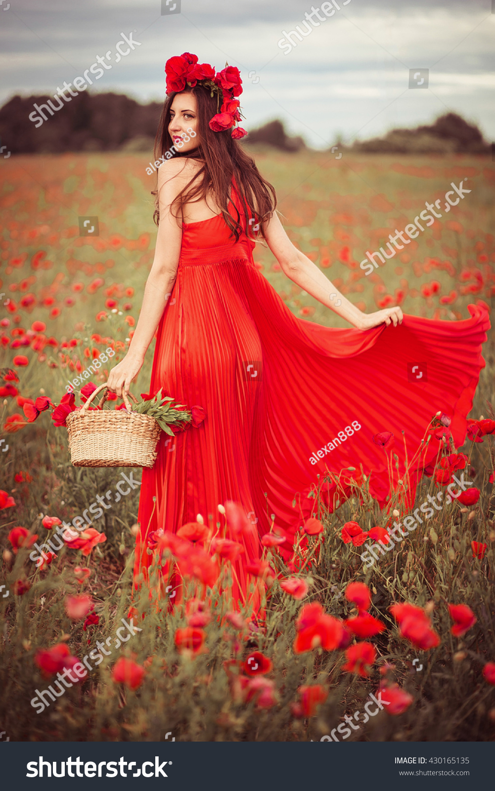 Девушка в маках в Красном платье