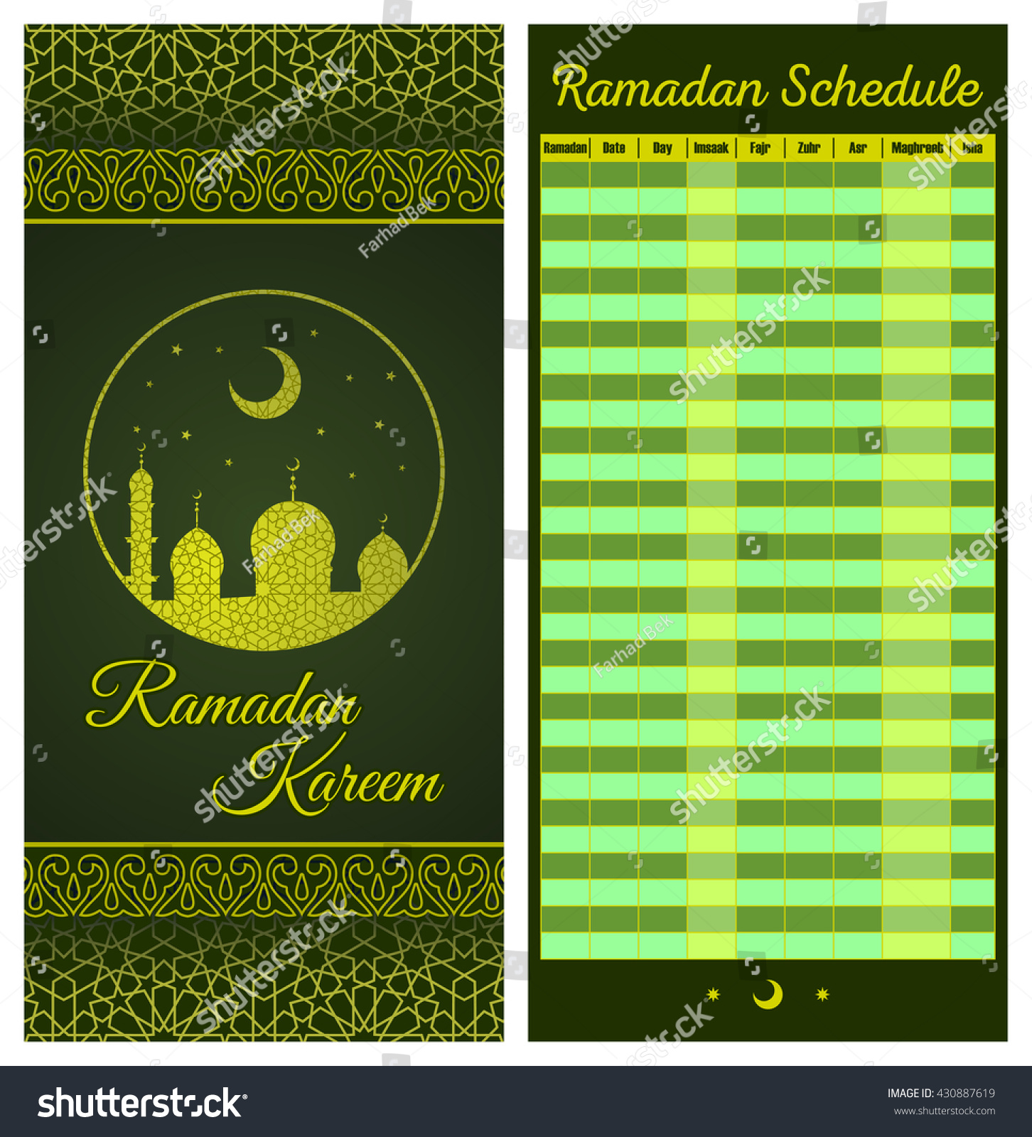 Ramadan Calendar Schedule Fasting Iftar Prayer Stock Vector (Royalty ...