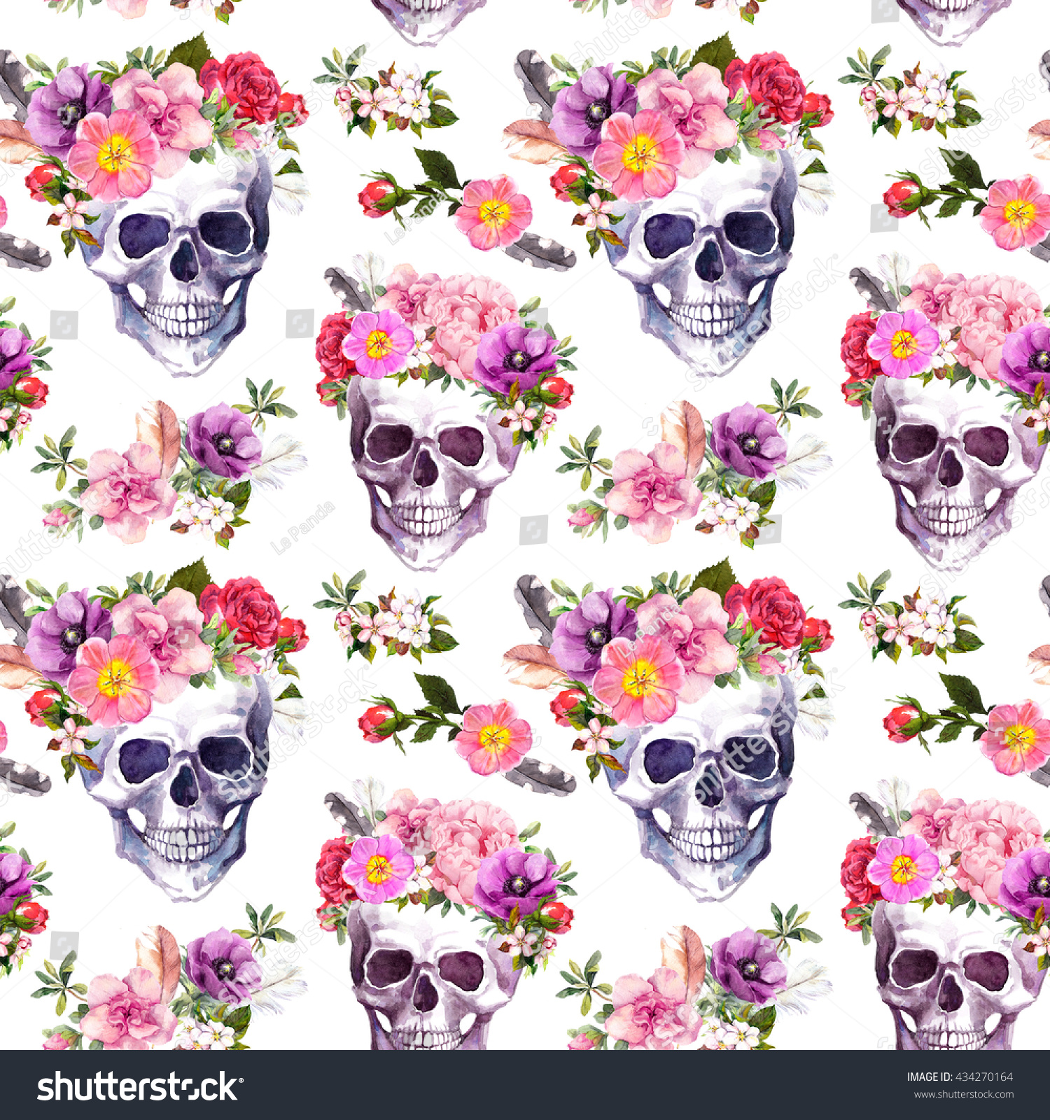 Human Skulls Flowers Seamless Pattern Watercolor Stock Illustration