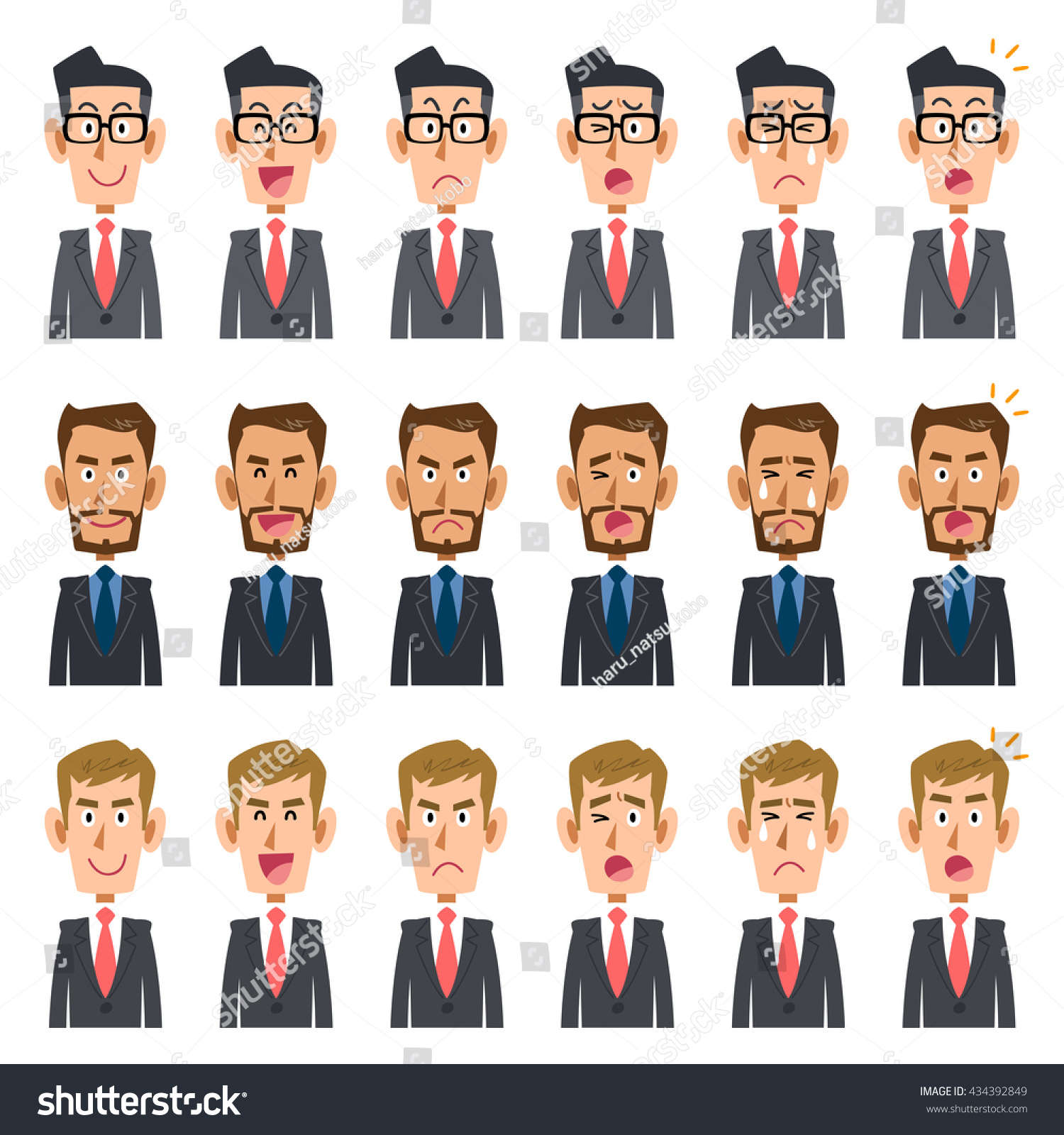 Three Businessmen Six Types Facial Expressions Stock Vector (royalty 