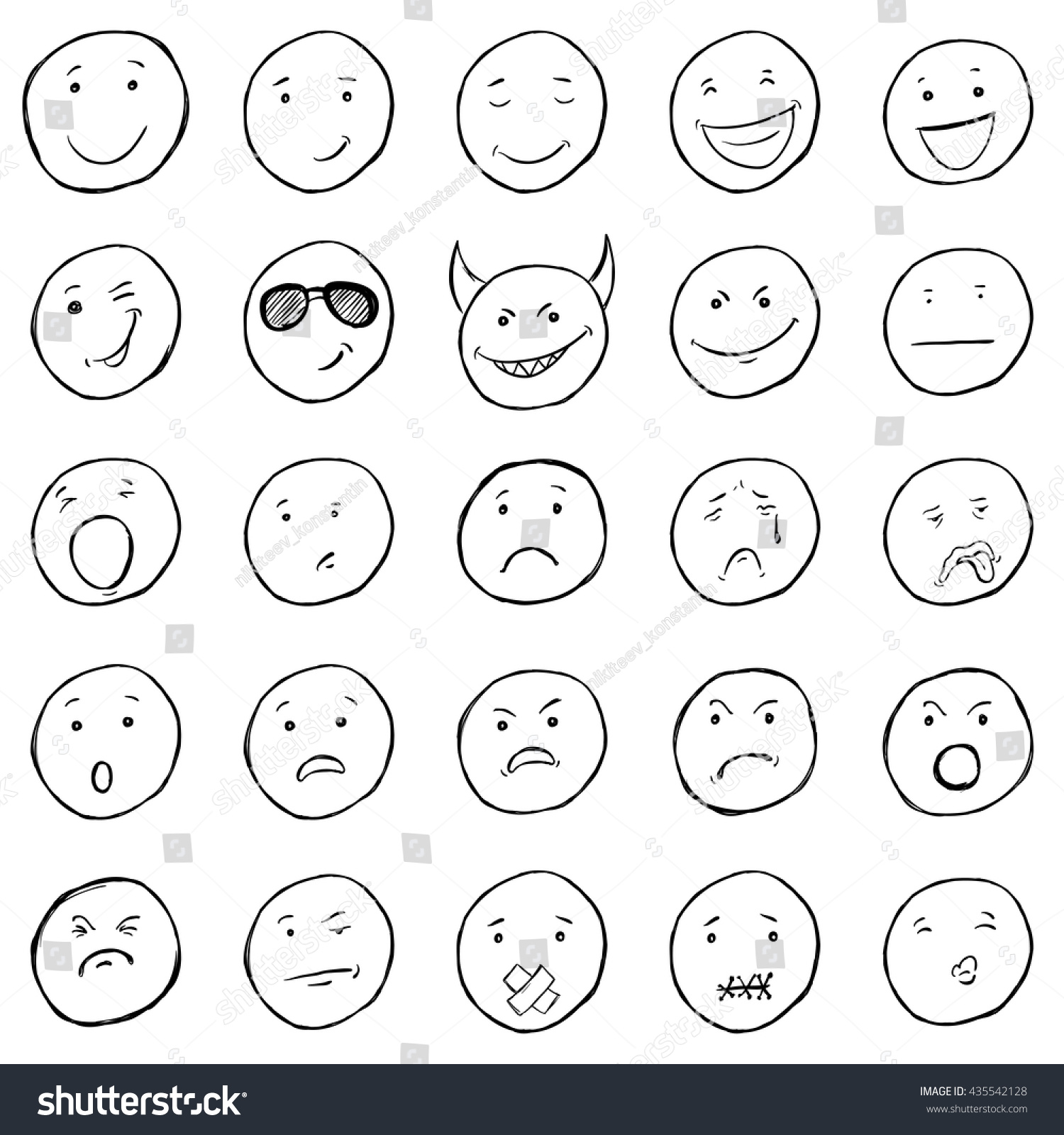 Vector Set Sketch Emoticons Variations Smileys Stock Vector (Royalty ...