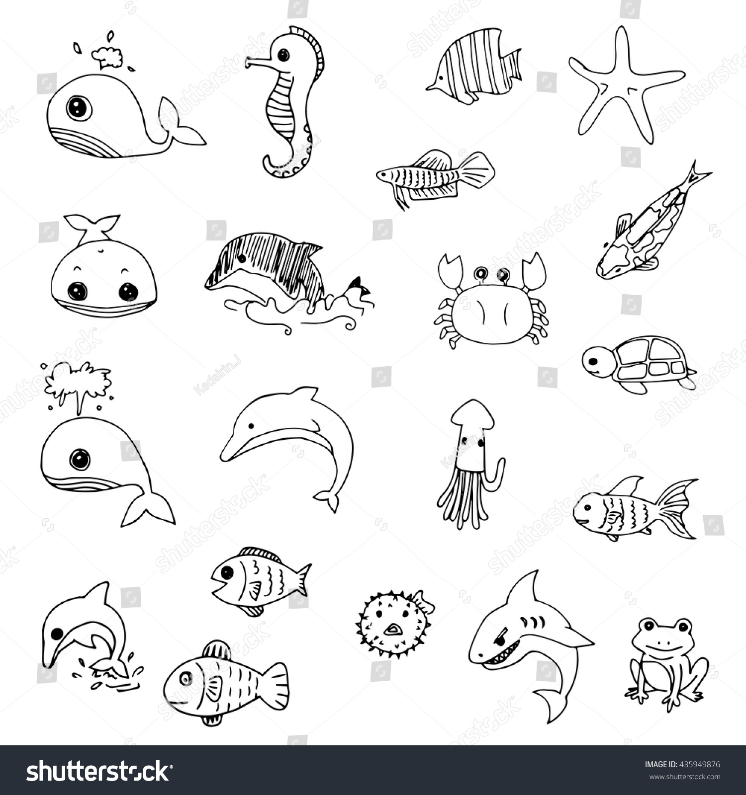 Set Cute Aquatic Animals Drawing Vector Stock Vector (Royalty Free