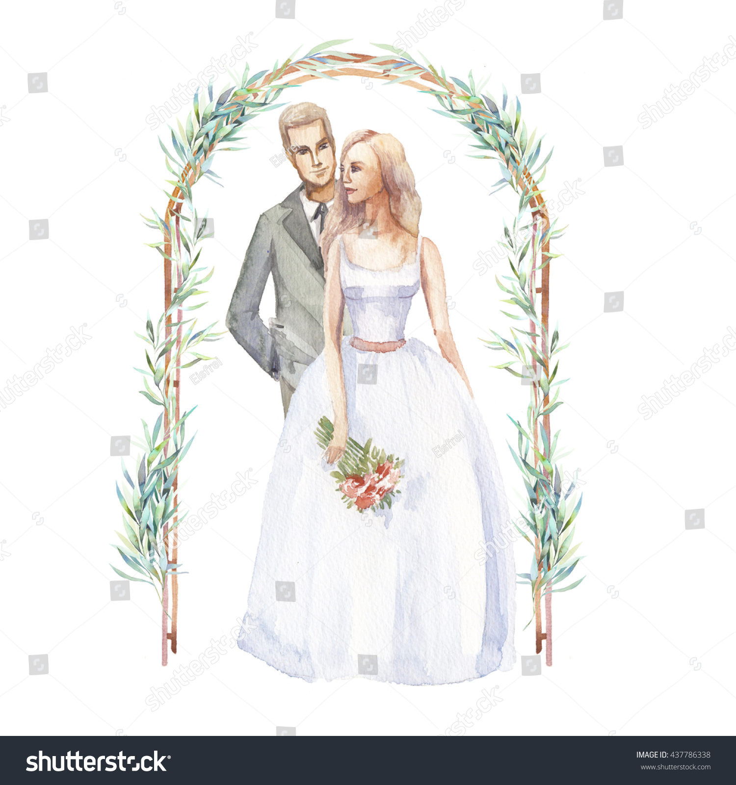 Жених и невеста силуэт акварель