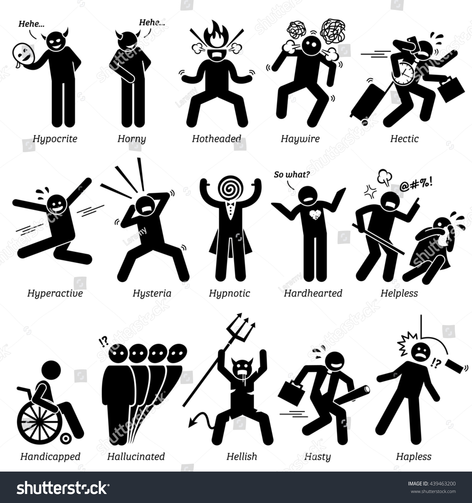 Negative Personalities Character Traits Stick Figures Stock 