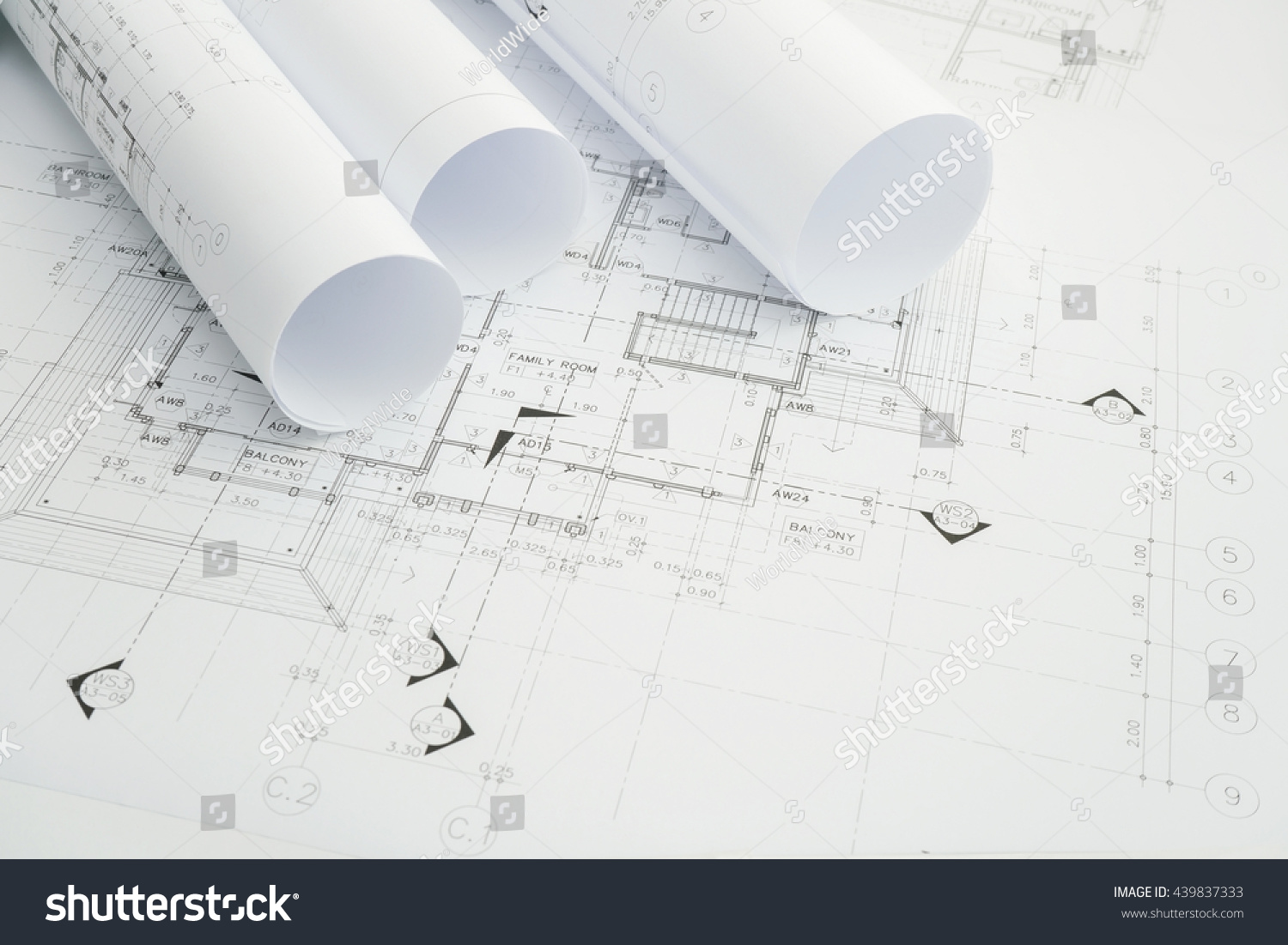 Architectural Drawing Paper Rolls Dwelling Construction Stock Photo ...