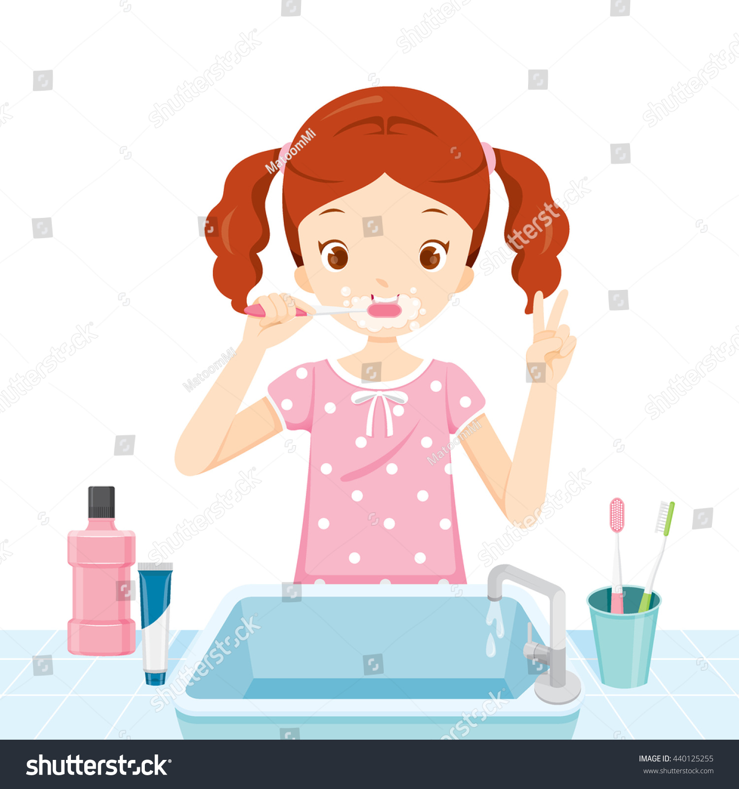 Girl Pyjamas Brushing Her Teeth Bathroom Stock Vector (Royalty Free ...