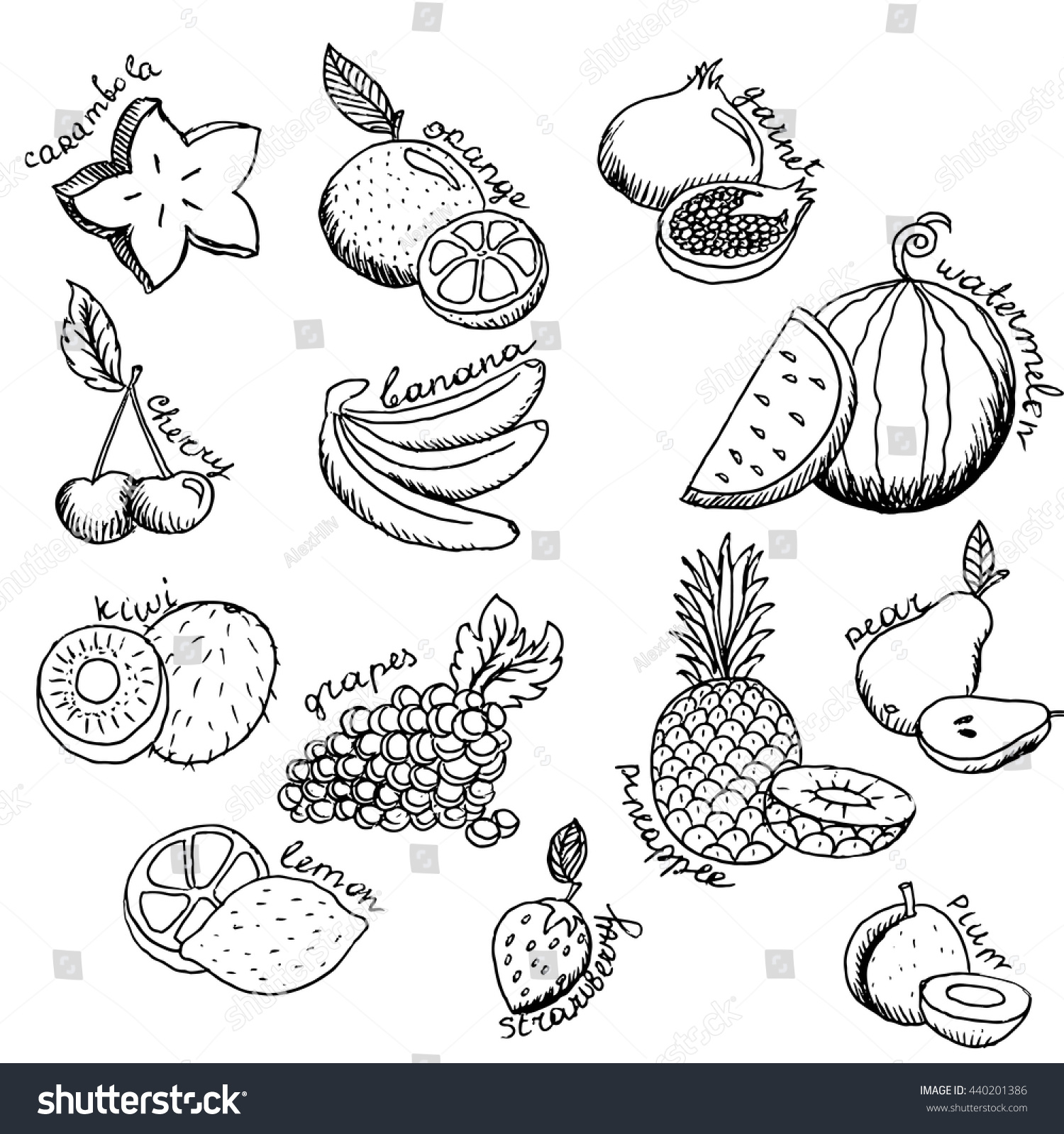 Set Cartoon Fruit Icons Hand Drawn Stock Vector (Royalty Free ...