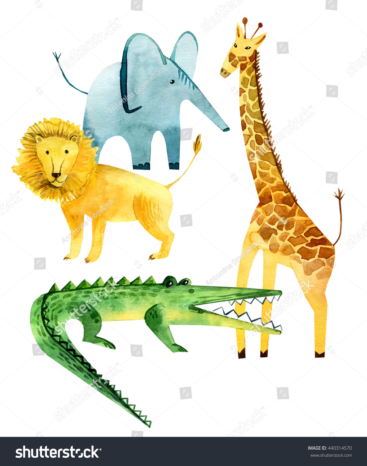 Safari Animals Elephant Lion Giraffe Crocodile Stock Illustration 