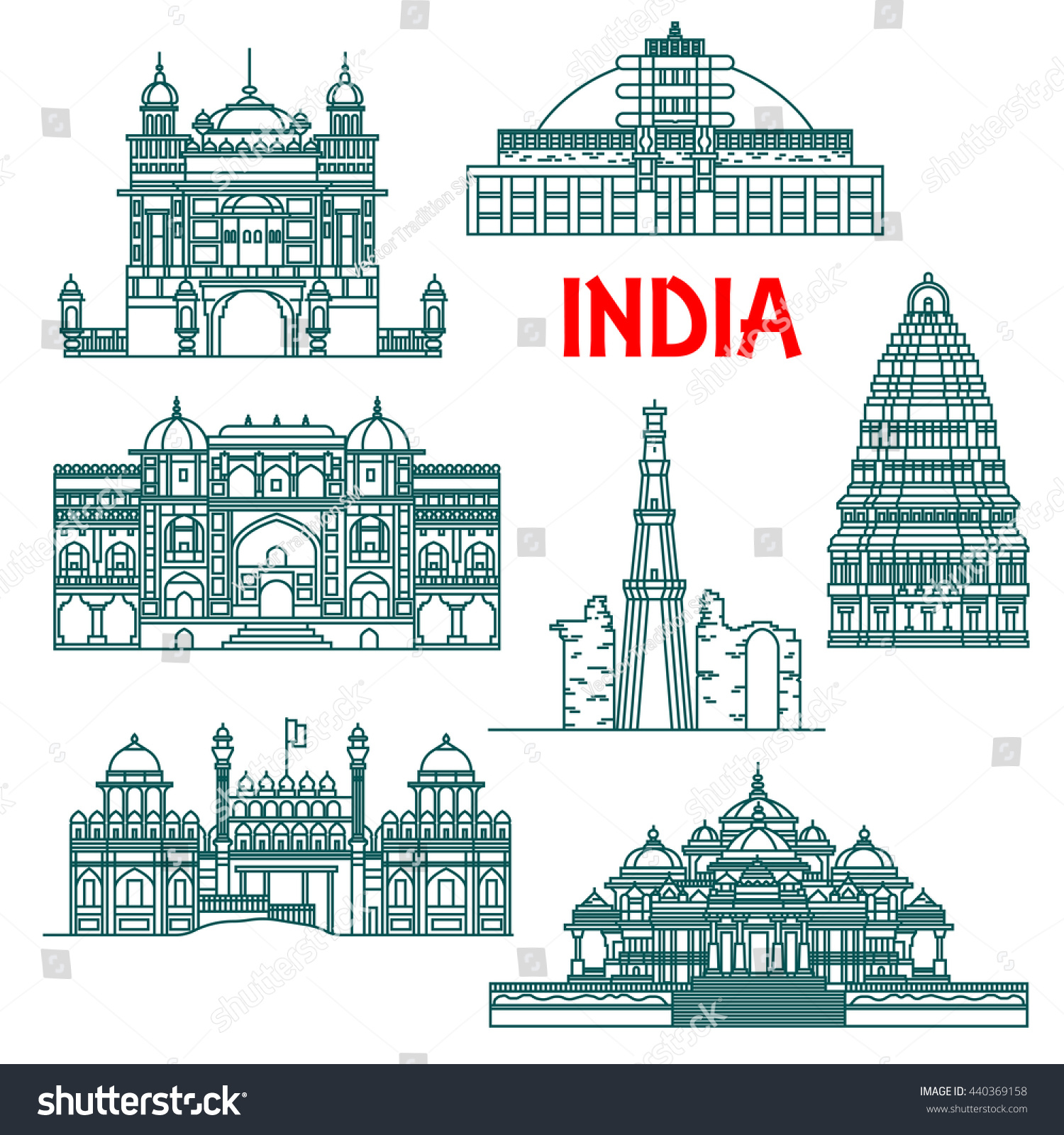 Travel Landmarks India Thin Line Icons Stock Vector (Royalty Free ...