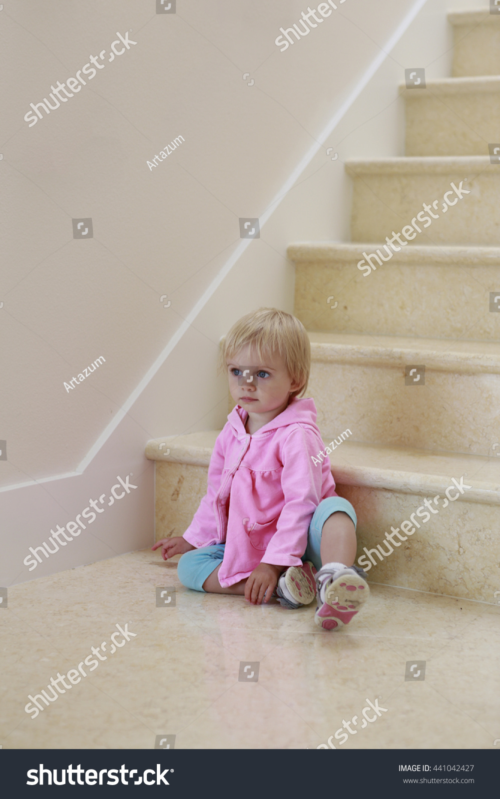 Beautiful Little Girl Sitting Near Stairs Stock Photo 441042427 ...