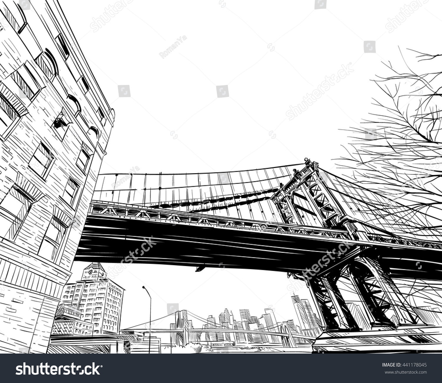 Manhattan Bridge Hand Drawn Industrial Illustration Stock Vector ...