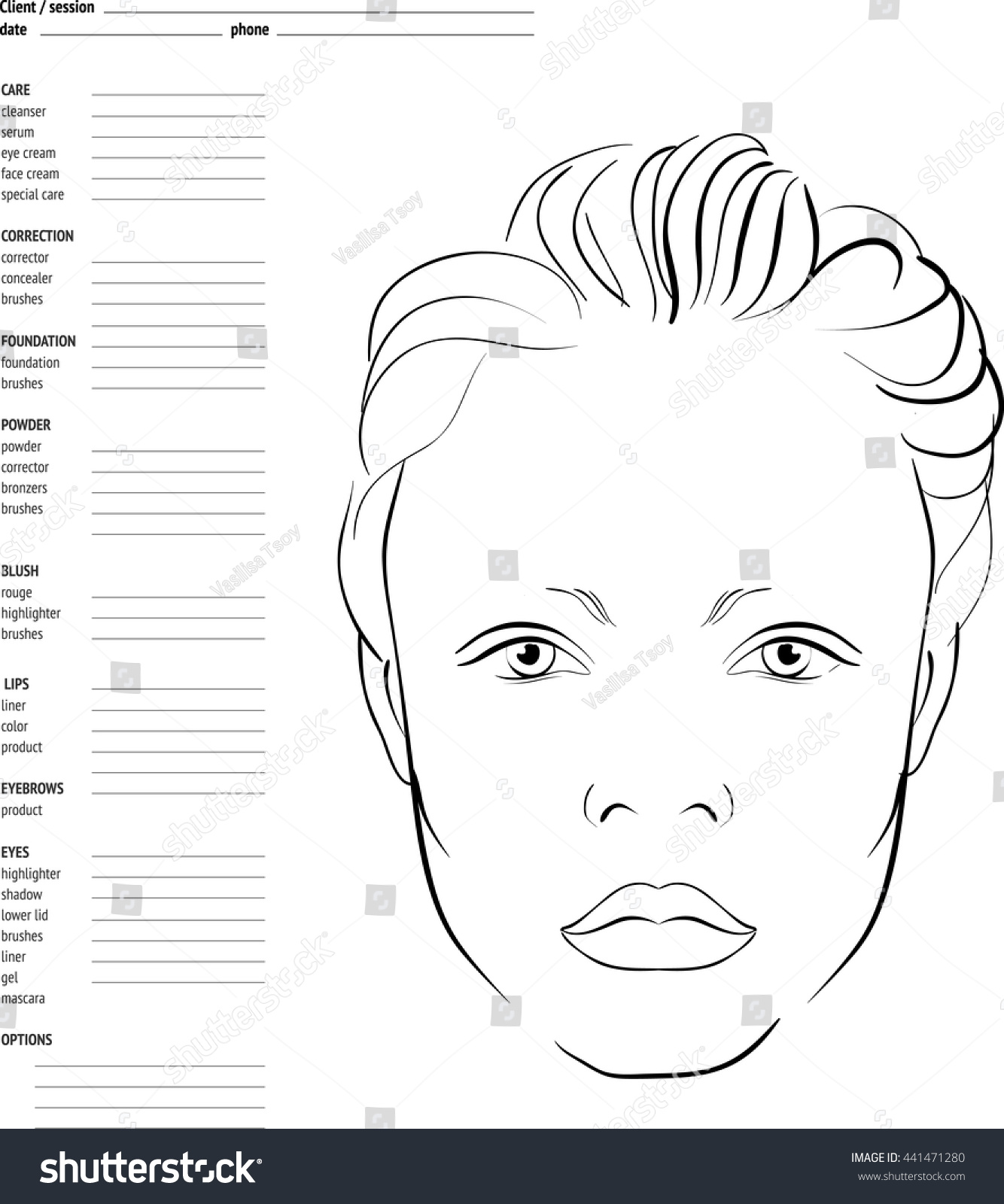 Vektor Stok Face Chart Makeup Artist Blank Template Tanpa Royalti 441471280 Shutterstock