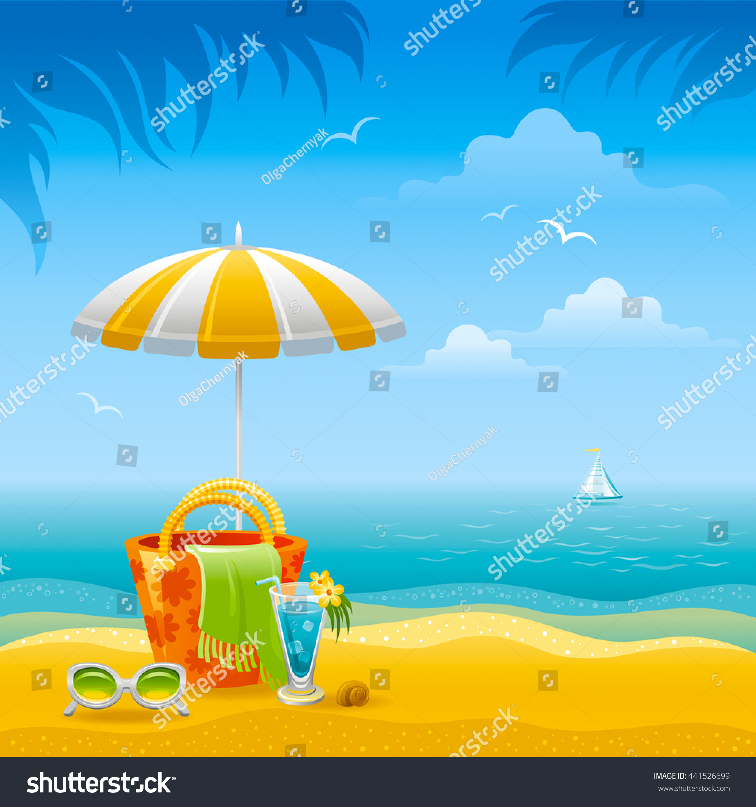 Travel Vector Illustration Beautiful Beach Landscape Stock Vector ...