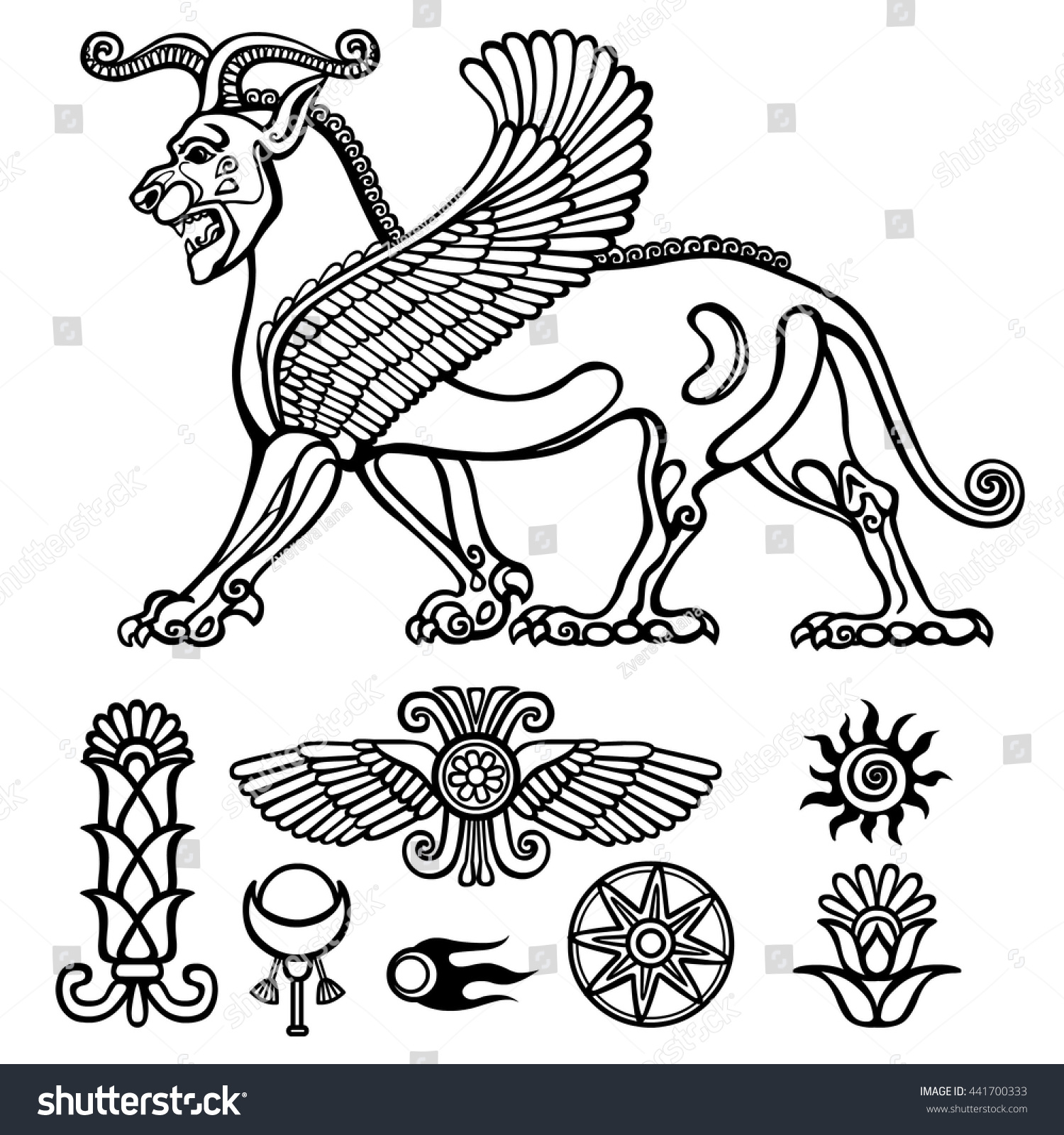 Image Assyrian Winged Animal Horned Lion: стоковая векторная графика (без л...