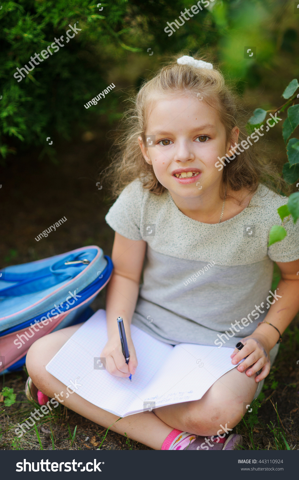Cute Schoolgirl Sits Having Crossed Legs Stock Photo 443110924