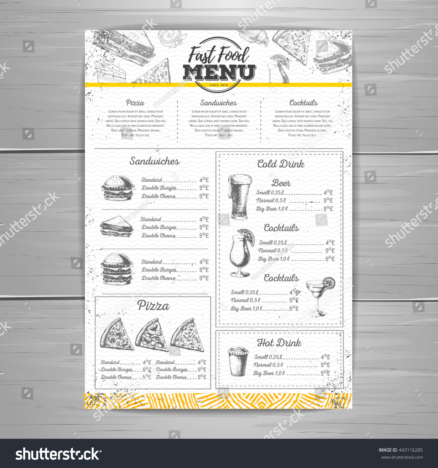 Vintage Fast Food Menu Design Stock Vector (Royalty Free) 443116285 ...