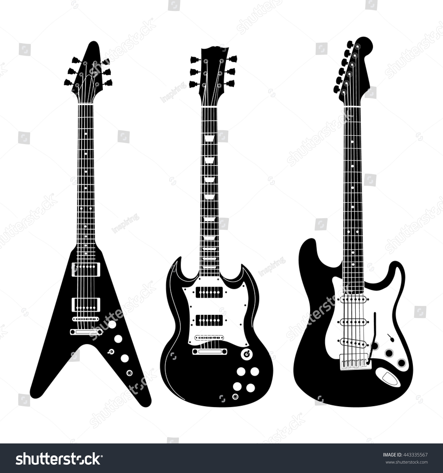 Черно белая электрическая гитара на белом фоне