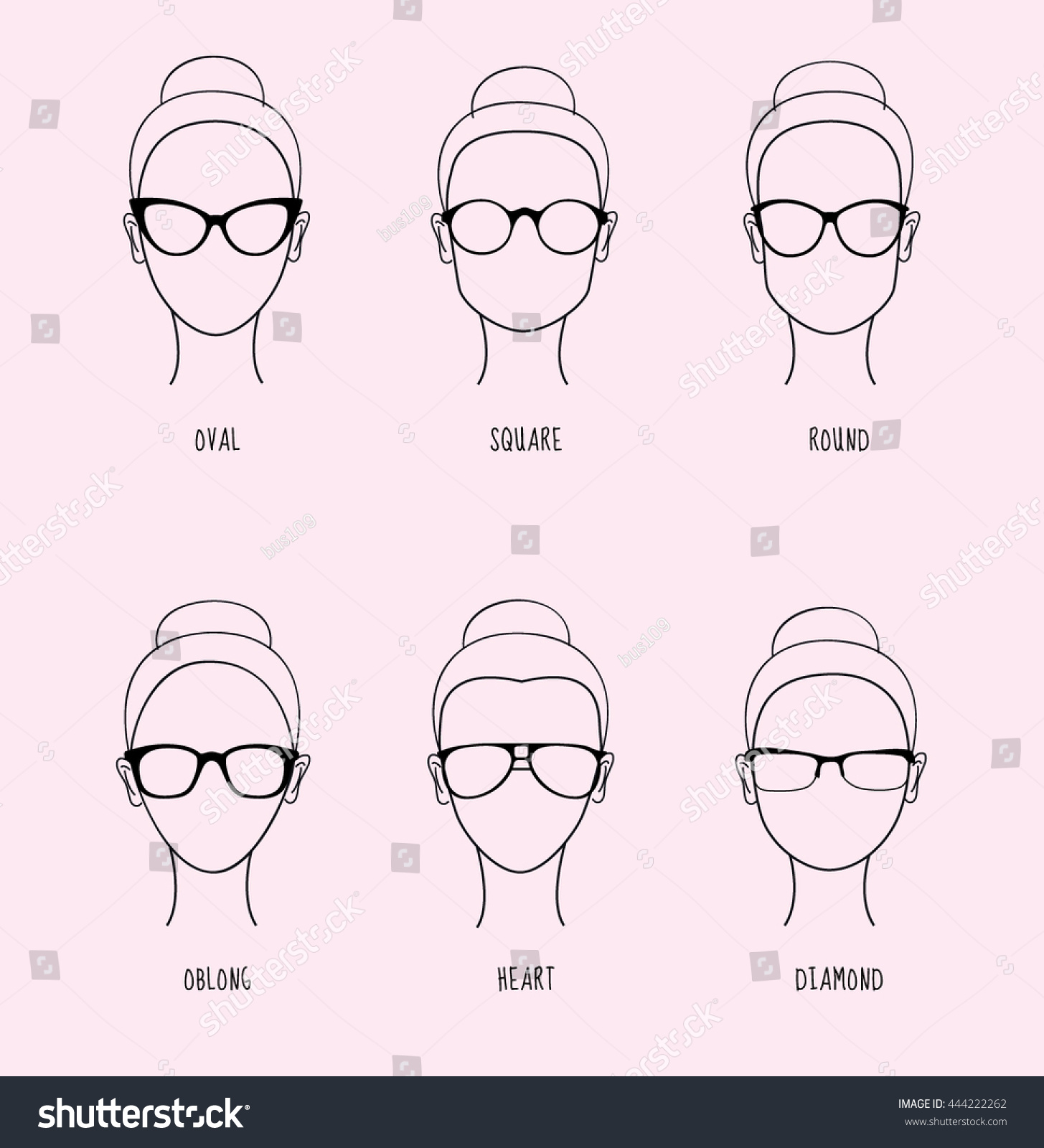 Female Sunglasses Shapes In Accordance With The Shape Of The Face Eight Face  Shapes With Options For Spectacle Frames On A White Background Flat Design  Vector Illustration Stock Illustration Download Image |