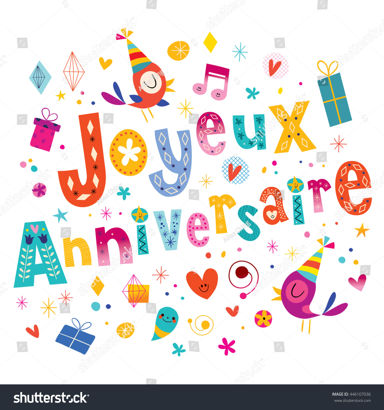 Vektor Stok Joyeux Anniversaire Happy Birthday French Greeting (Tanpa ...