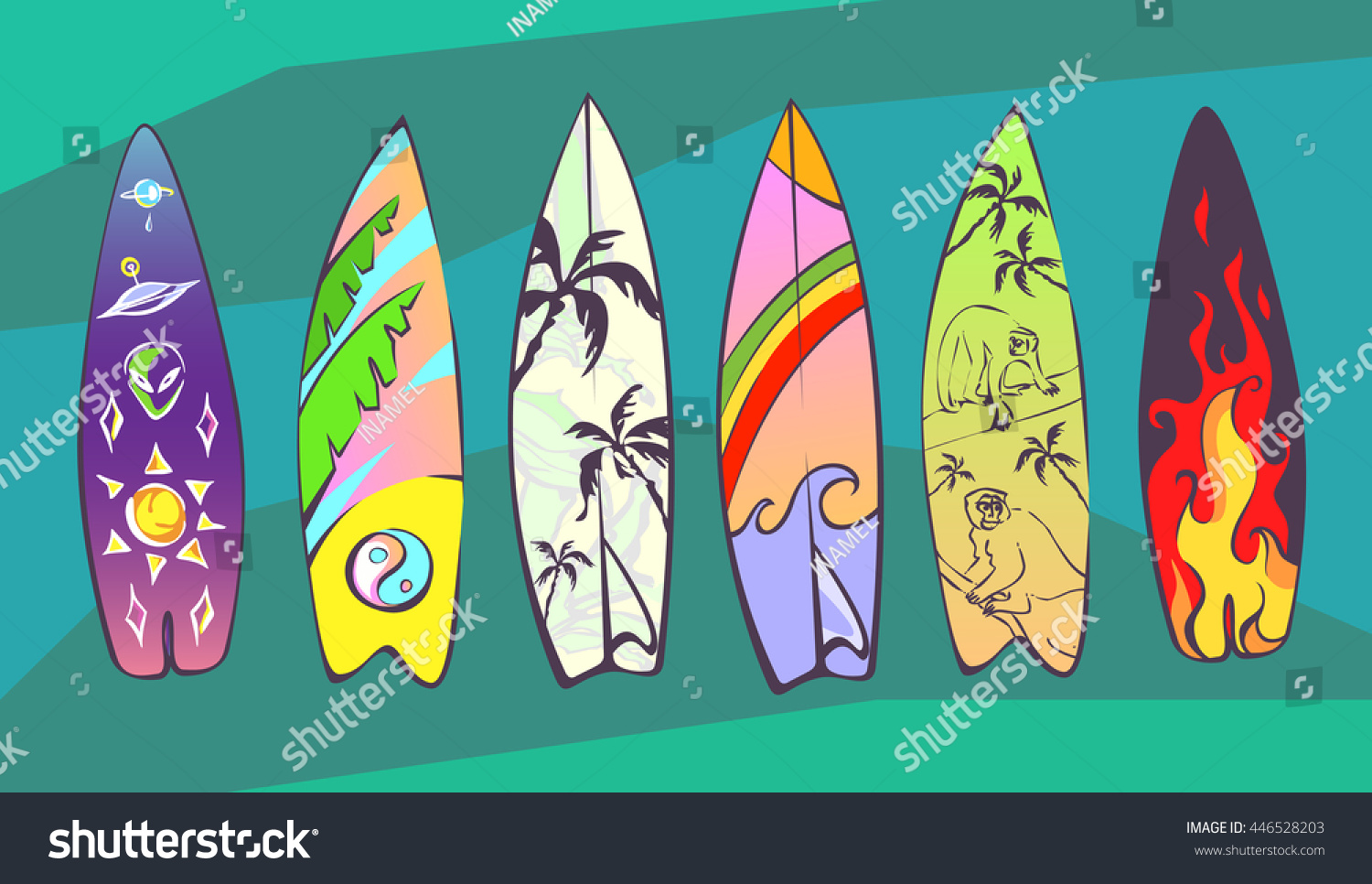 Set Comic Cartoon Surfboards Original Design Vetor Stock Livre De Direitos 446528203 