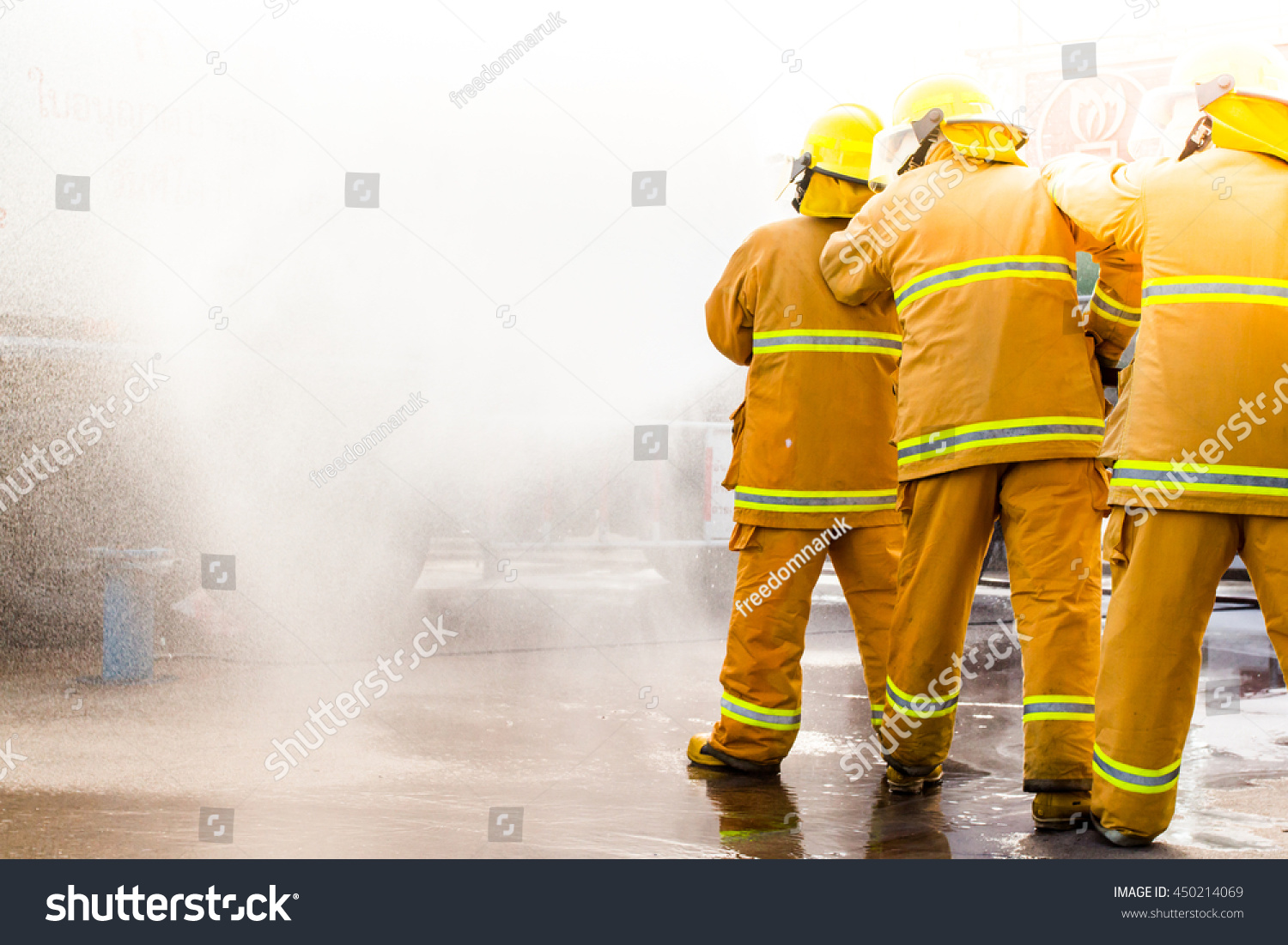 Fireman Attacking Fire Water Firefighter Team Stock Photo 450214069 ...