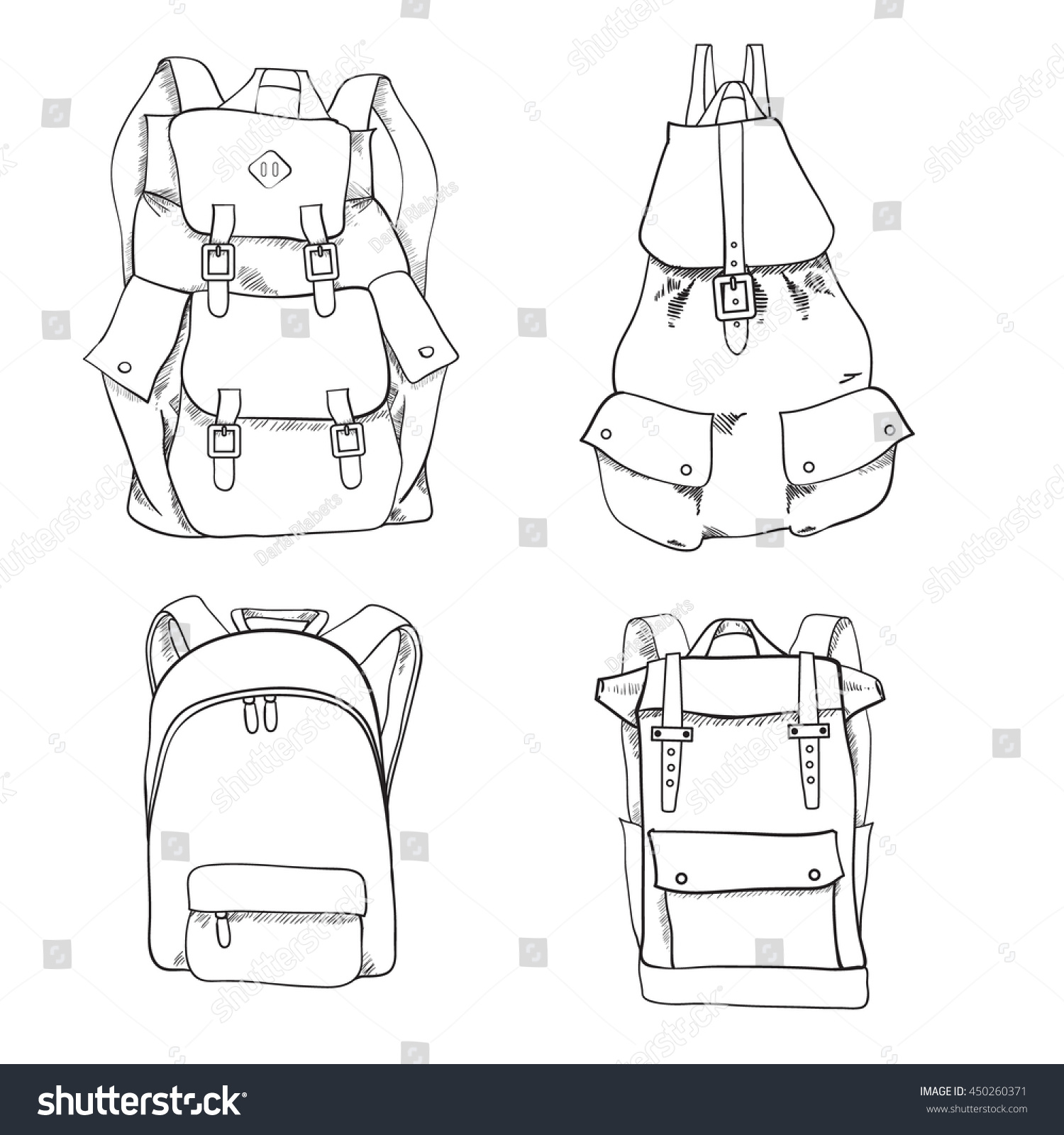 Hand Drawn Sketch Outline Backpack Set Stock Vector (Royalty Free ...