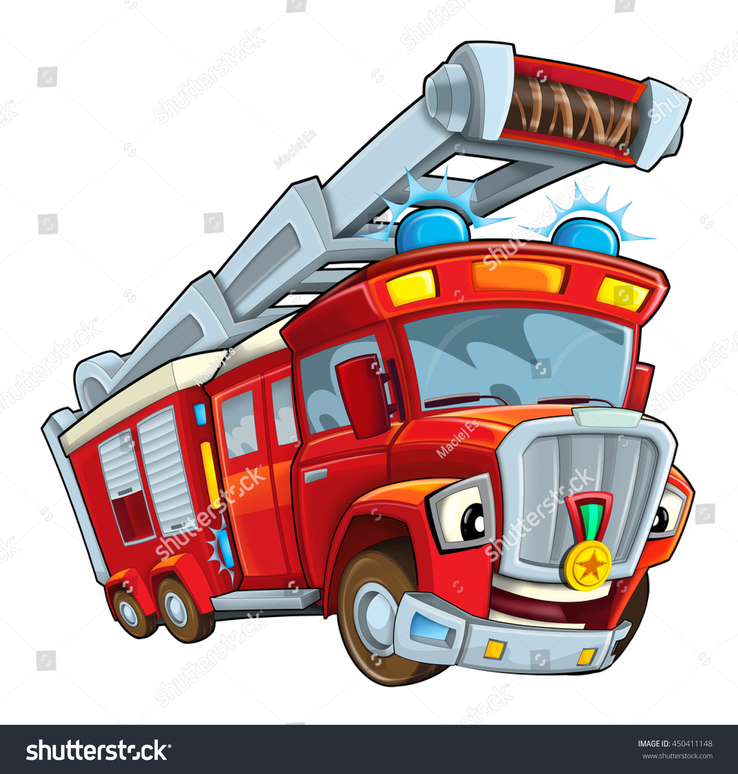 Cartoon Funny Firetruck Isolated Caricature Illustration Stock ...