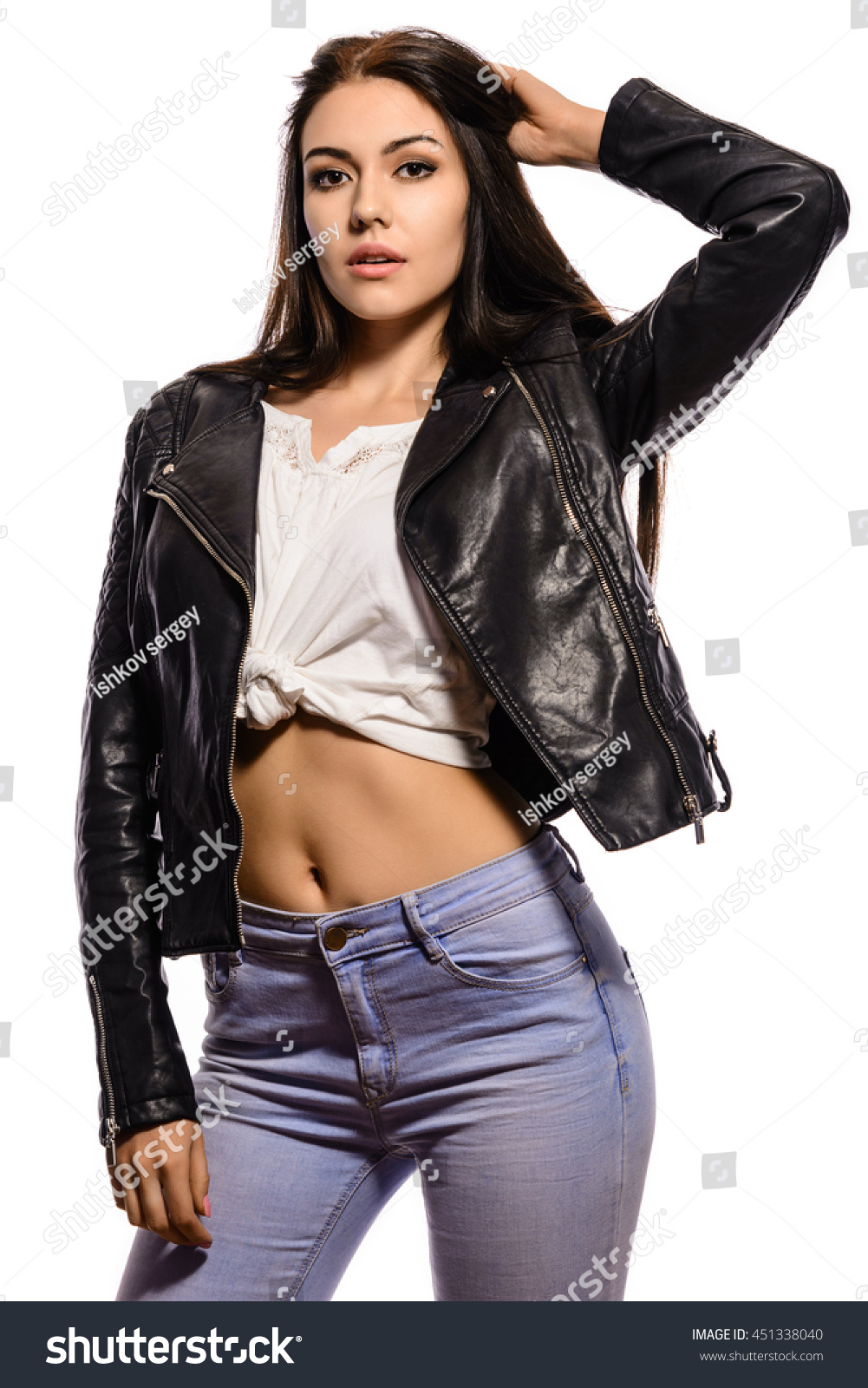 Charming Young Woman Black Leather Jacket Stock Photo 451338040 ...