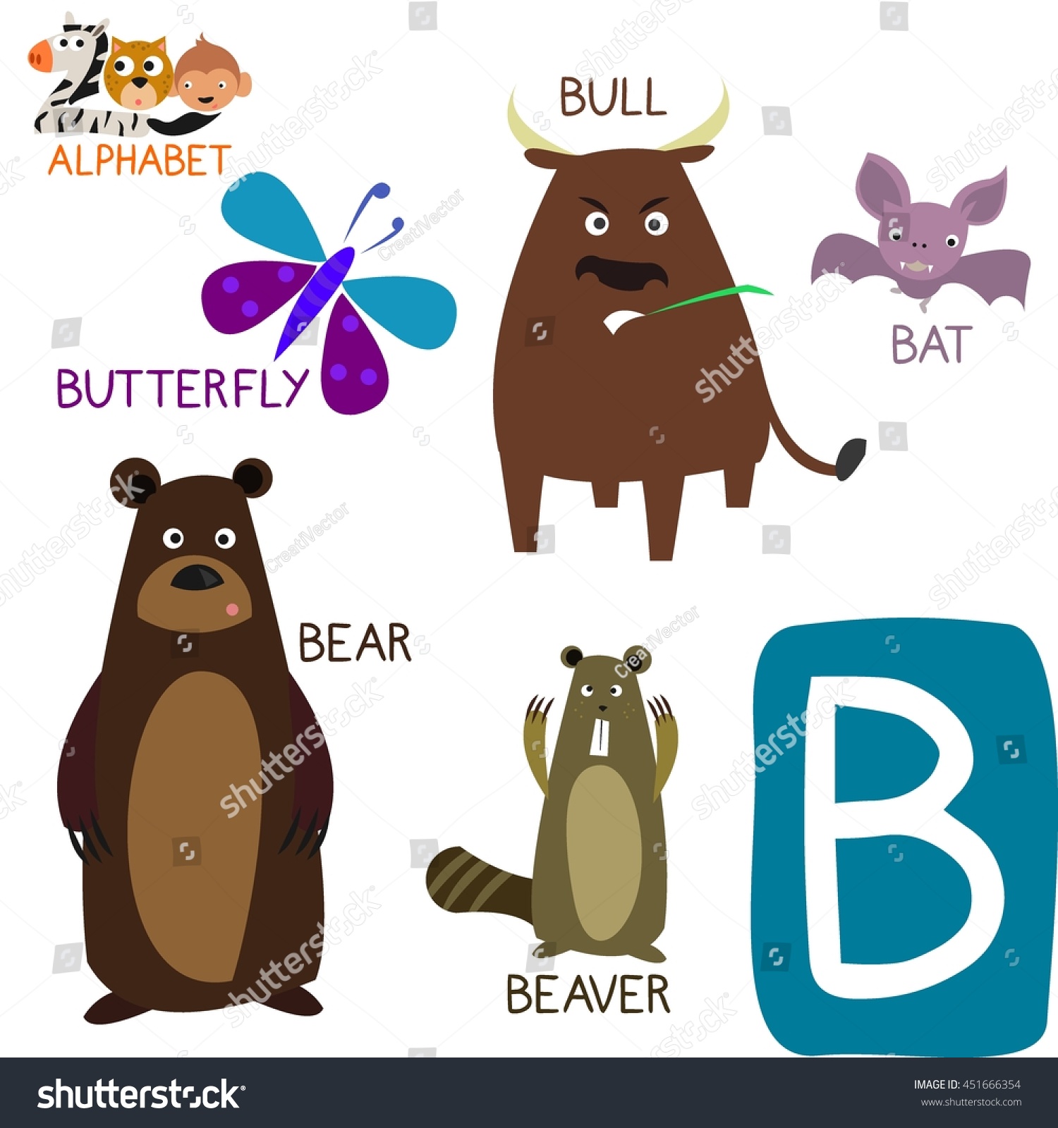 Vektor Stok Cute Animal Zoo Alphabet Letter B (Tanpa Royalti) 451666354 ...