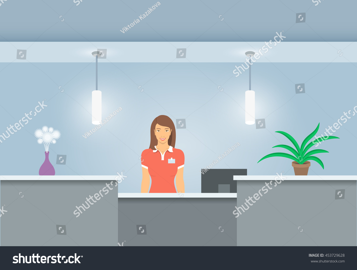 Young Woman Receptionist Stands Reception Desk Stock Vector Royalty Free 453729628 Shutterstock 8213