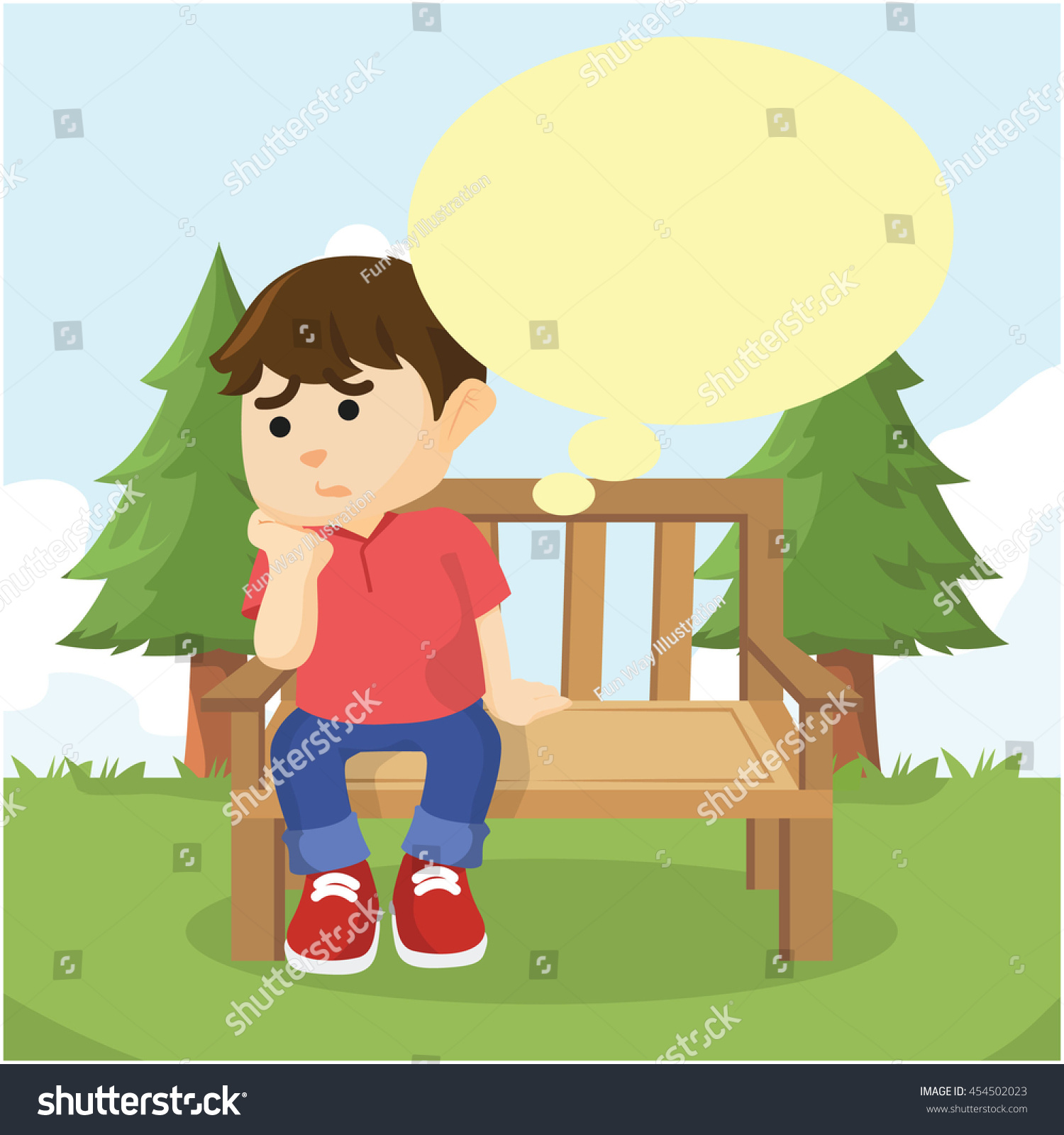 Мультяшный мальчик сидит на скамейке