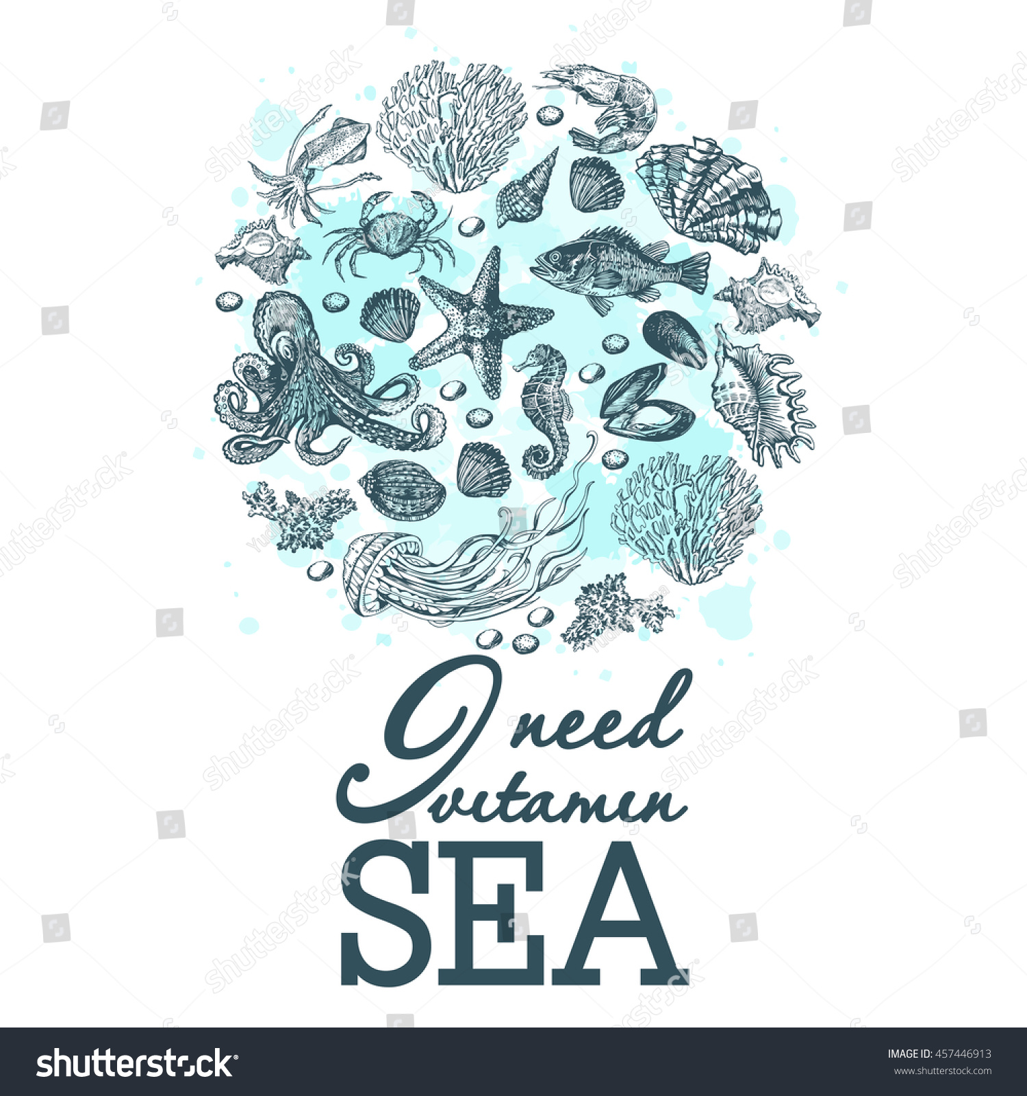 Stock Vector Marine Graphic Print With Watercolor Stains Print On The Marine Theme Illustration For Greeting 457446913 