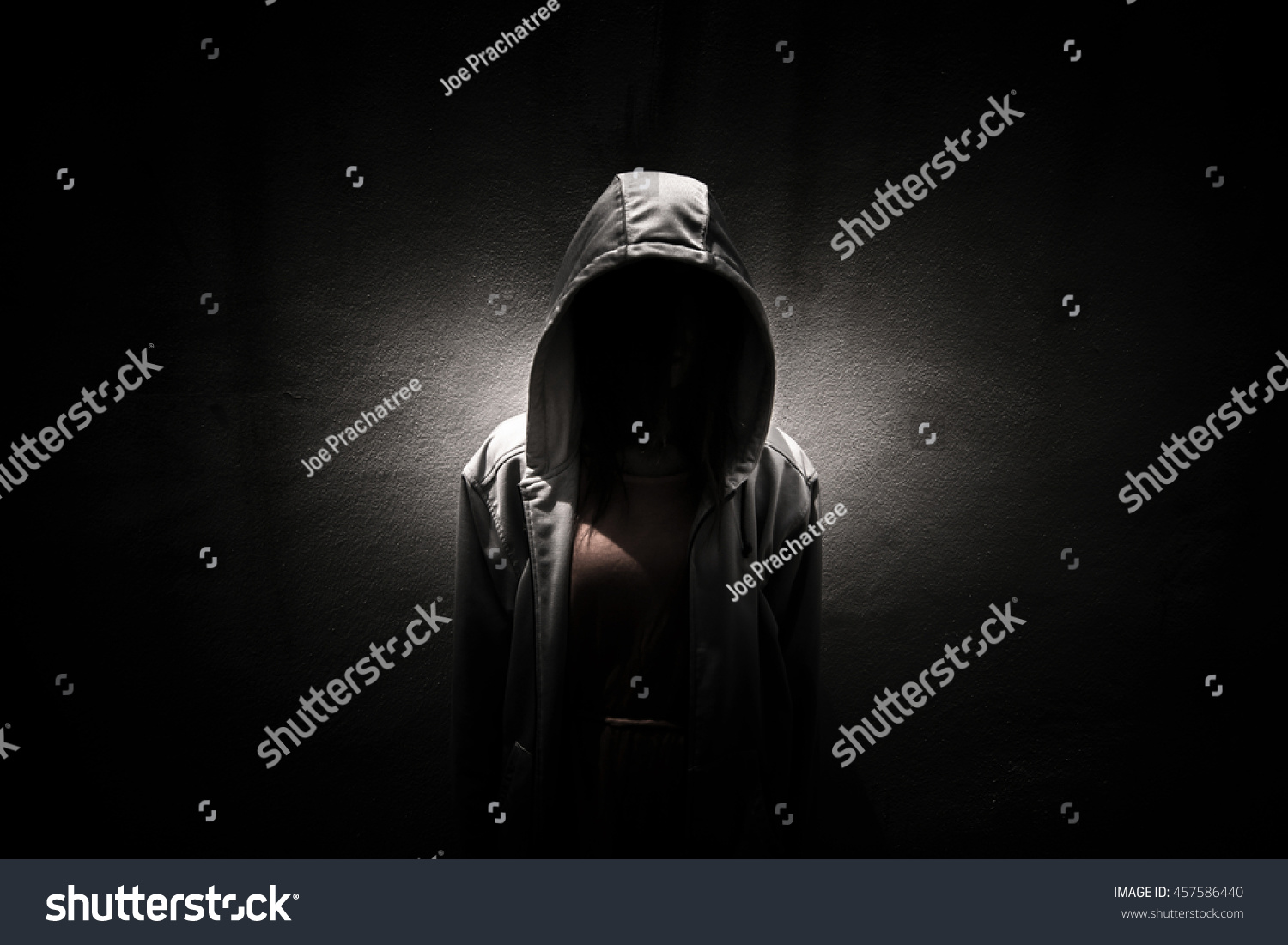 Woman Wearing Hoodie Hiding Darkscary Background Foto Stok 457586440