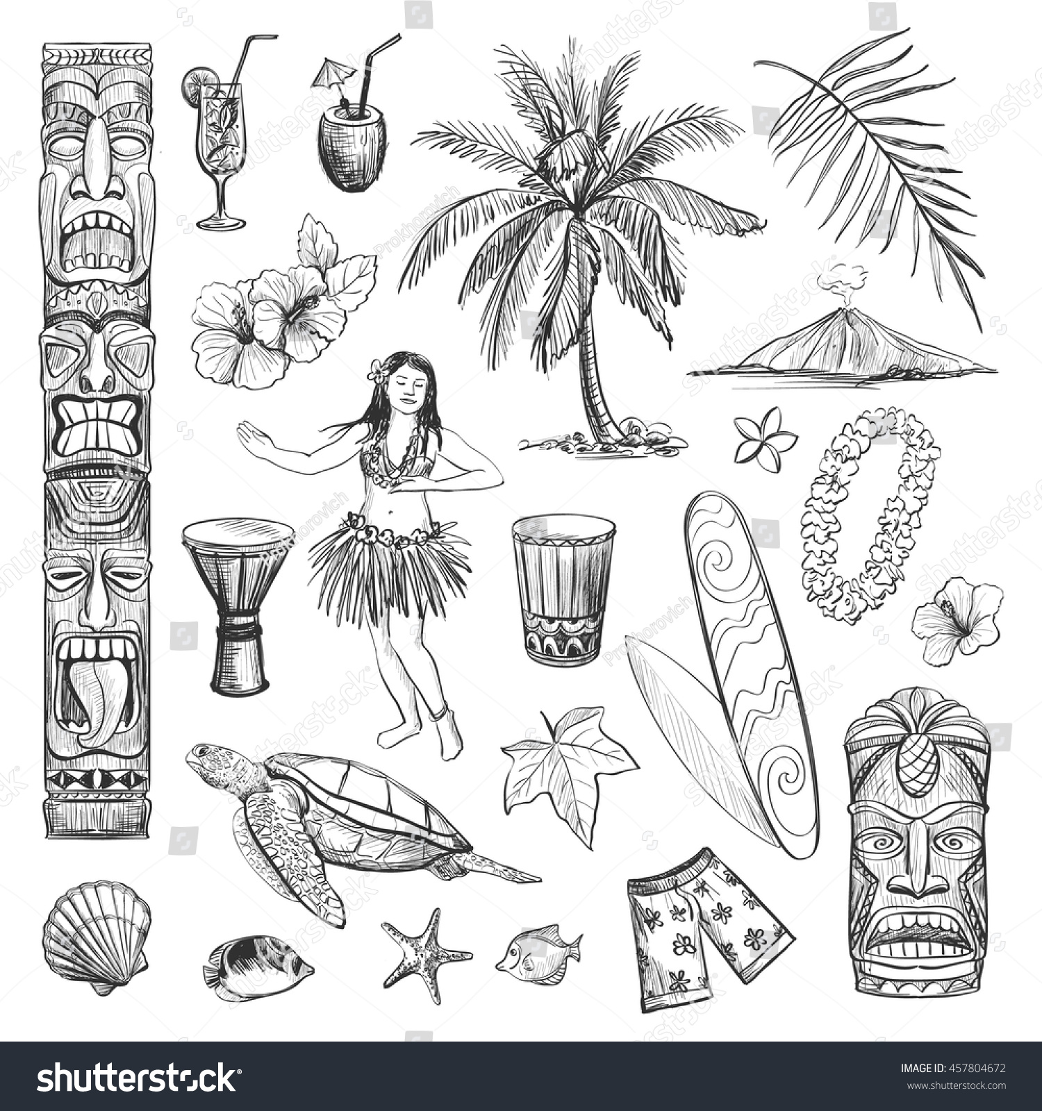 Hawaii Collection Vector Sketches Isolated Pictures Stock Vector ...