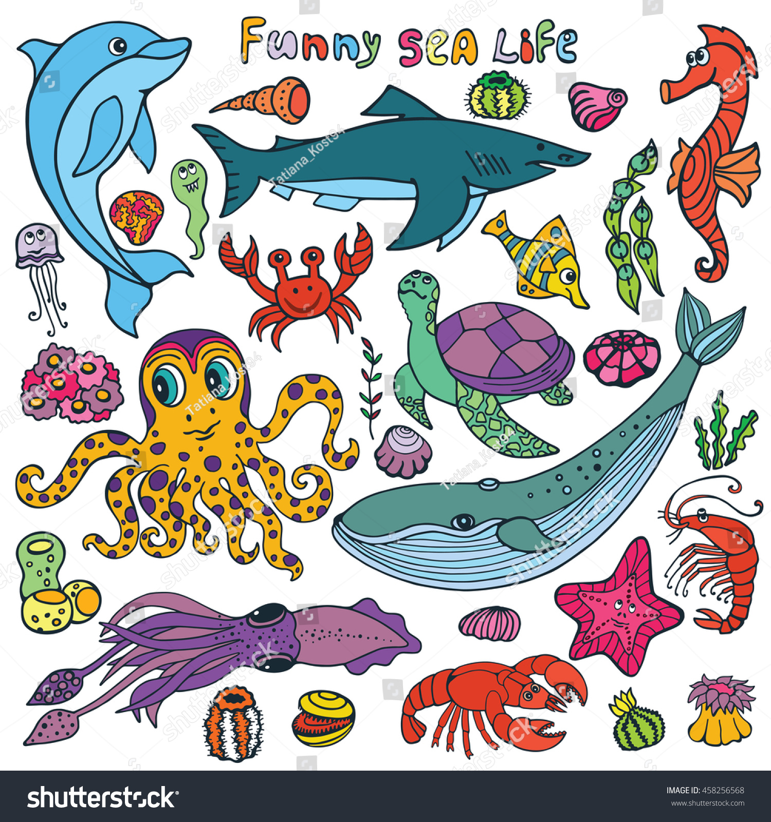 Sea Life Illustration Hand Drawing Vector Stock Vector (Royalty Free ...