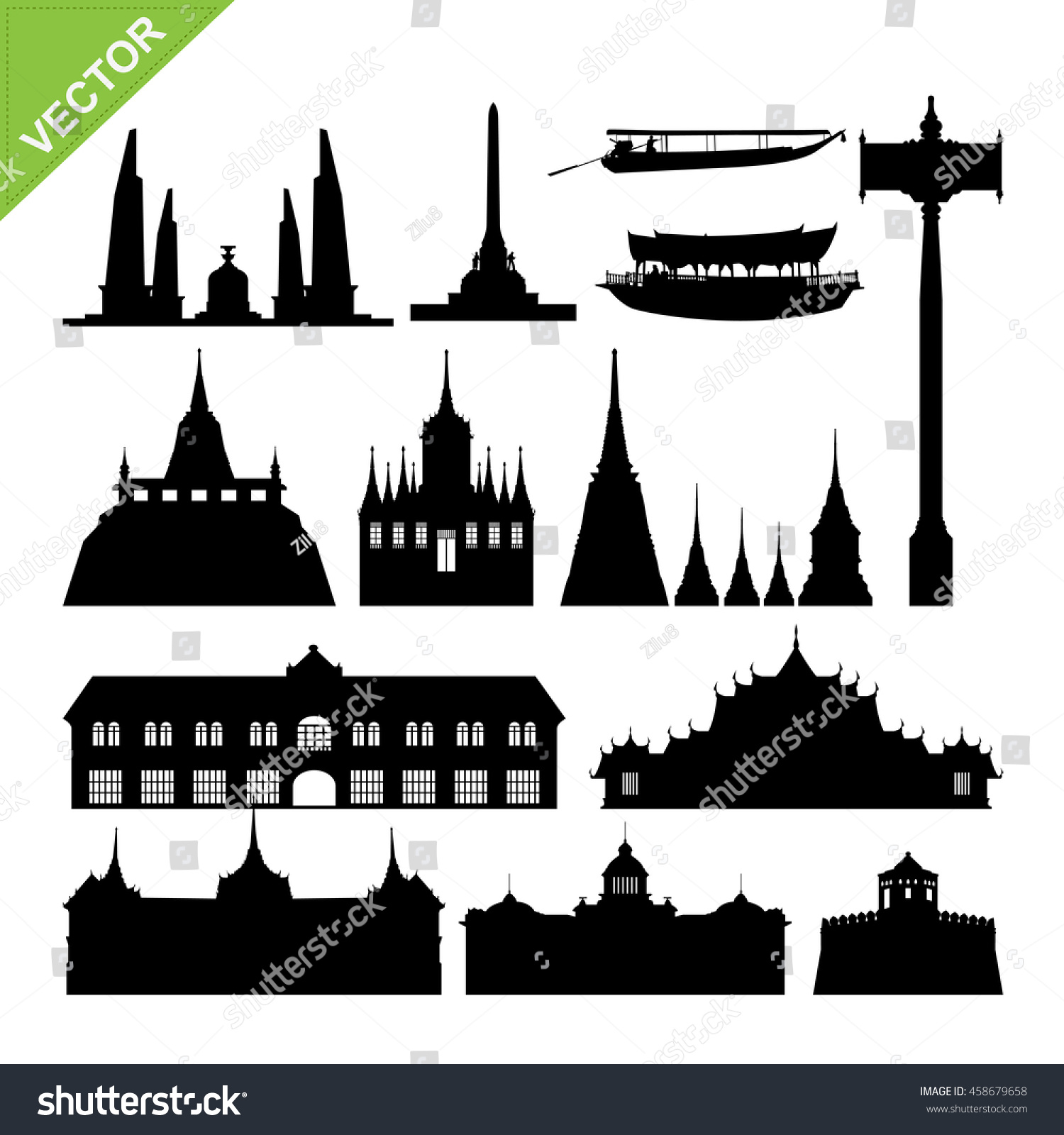 Bangkok Symbol Landmark Silhouettes Vector Set Stock Vector (Royalty ...