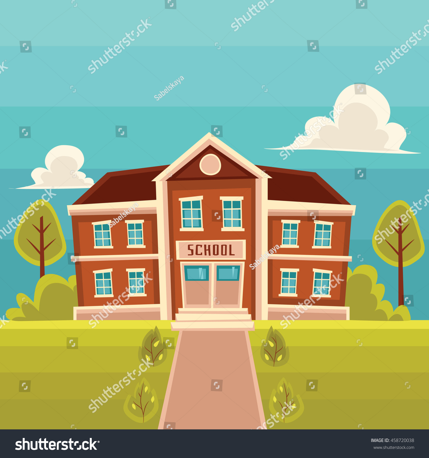 School Building Cartoon Illustration On Landscape Stock Illustration ...