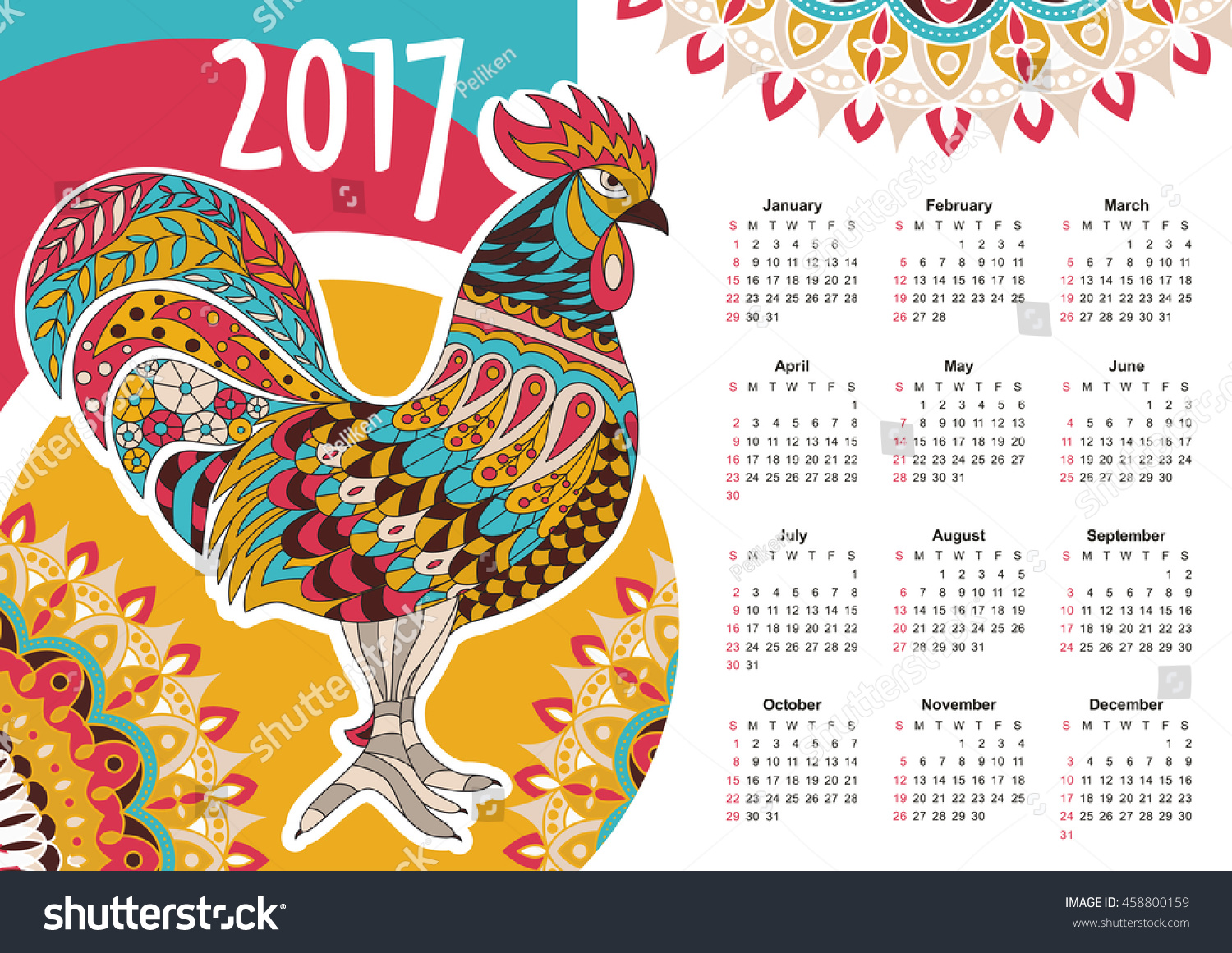 Vector Calendar 2017 Colorful Rooster Symbol Stock Vector (Royalty Free ...