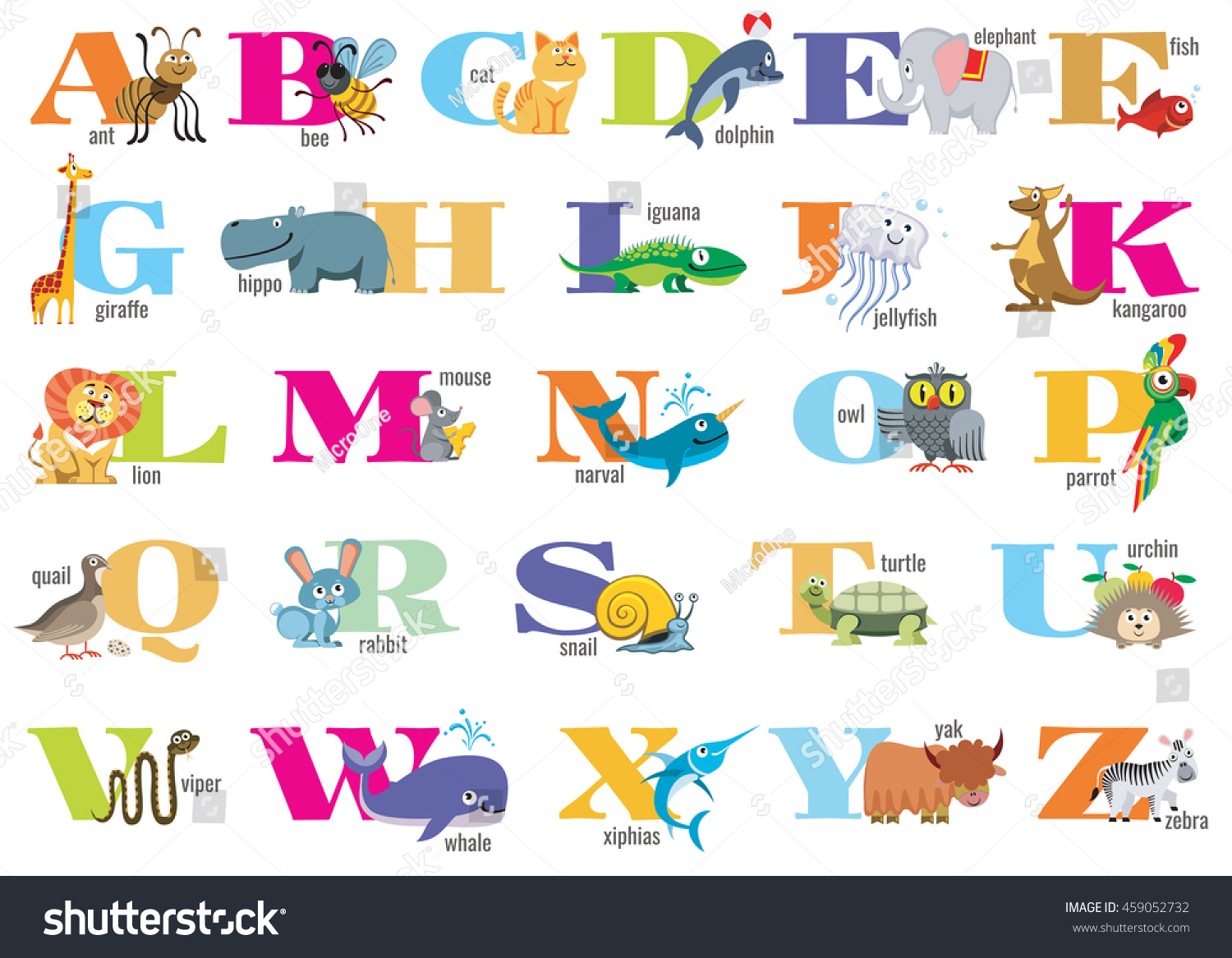 English Alphabet Children Cute Animals Vector Stock Vector (royalty 